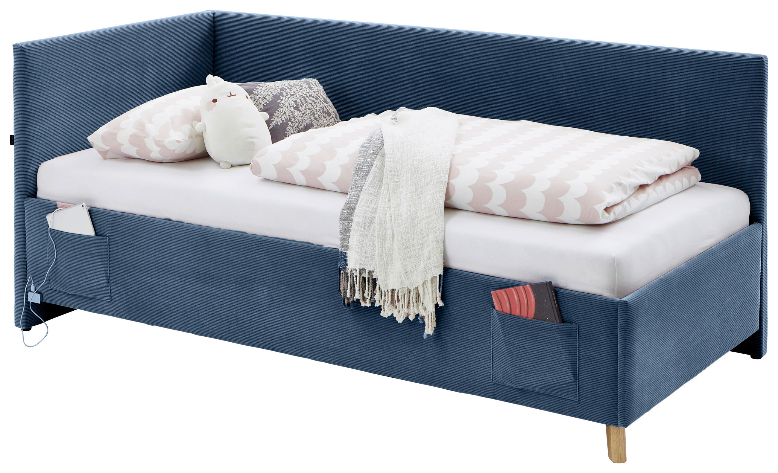 POLSTERLIEGE Cord Blau  - Blau/Eichefarben, KONVENTIONELL, Holz/Textil (90/200cm) - Stylife