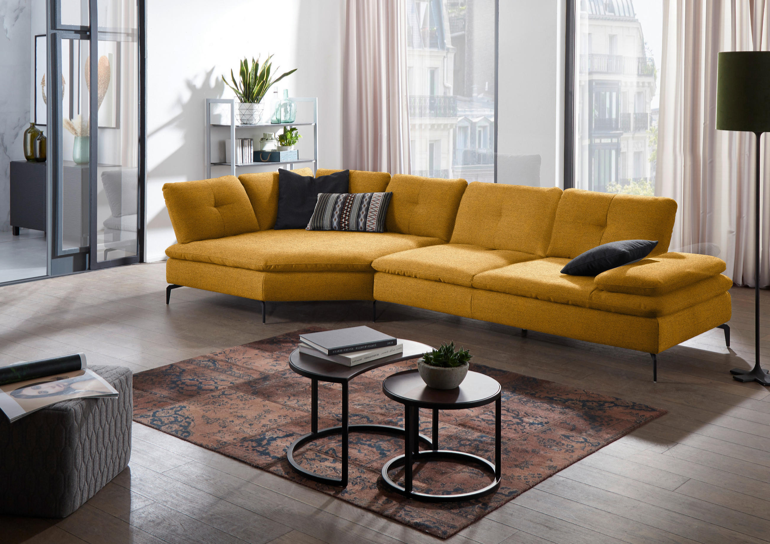 ECKSOFA in Flachgewebe Currygelb  - Currygelb/Schwarz, Design, Textil/Metall (157/344cm) - Chilliano