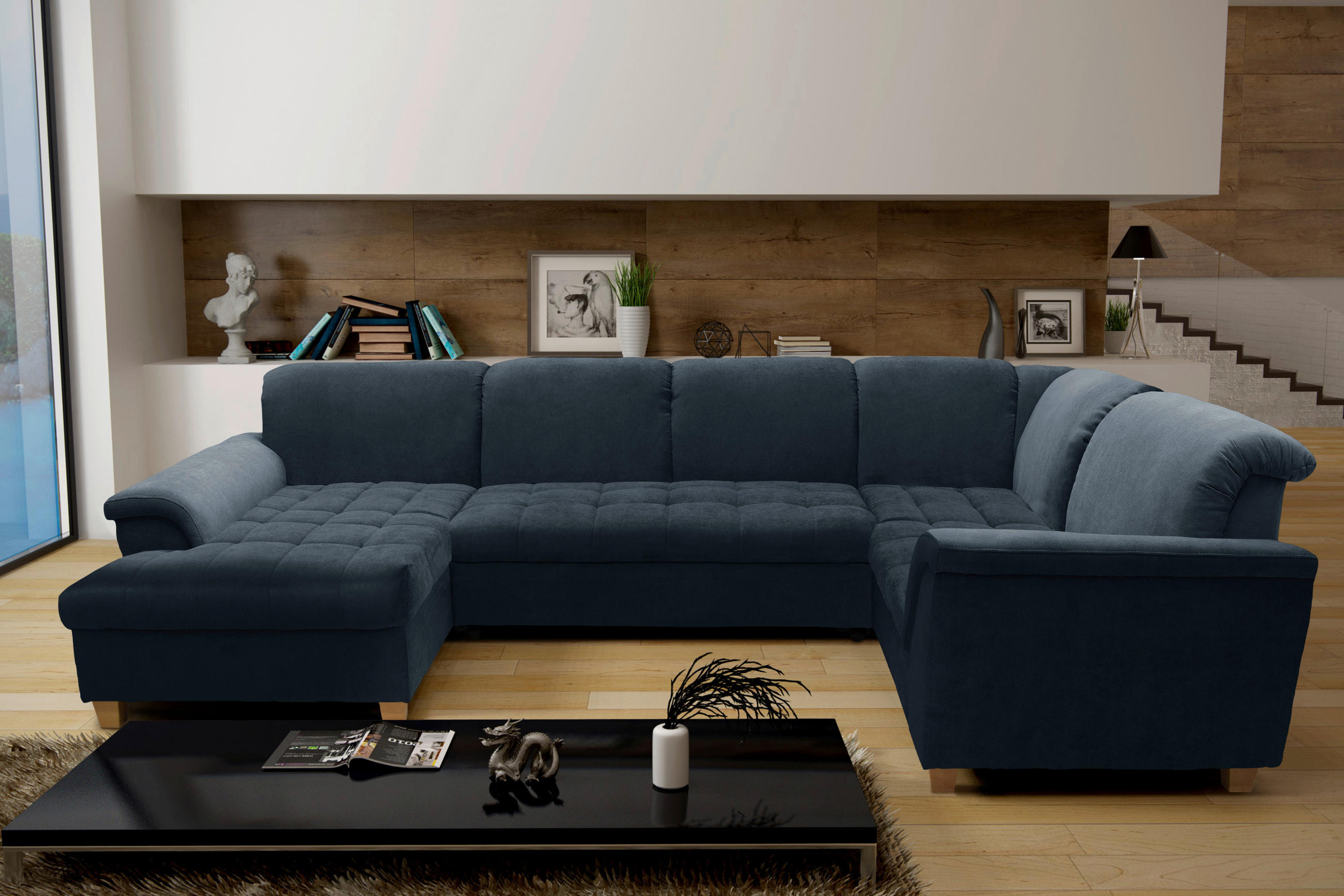 WOHNLANDSCHAFT Dunkelblau Mikrofaser  - Eichefarben/Dunkelblau, KONVENTIONELL, Holz/Textil (170/352/214cm) - MID.YOU