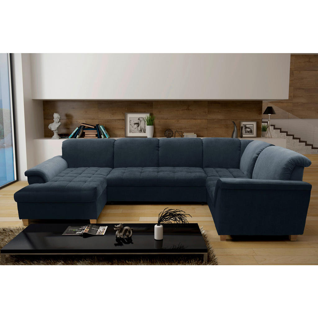 Thumbnail - Mid.you Wohnlandschaft, Dunkelblau, Textil, Eiche, Uni, 5-Sitzer, U-Form, 344x206 cm, Made in EU, FSC Mix, Rücken echt, ...