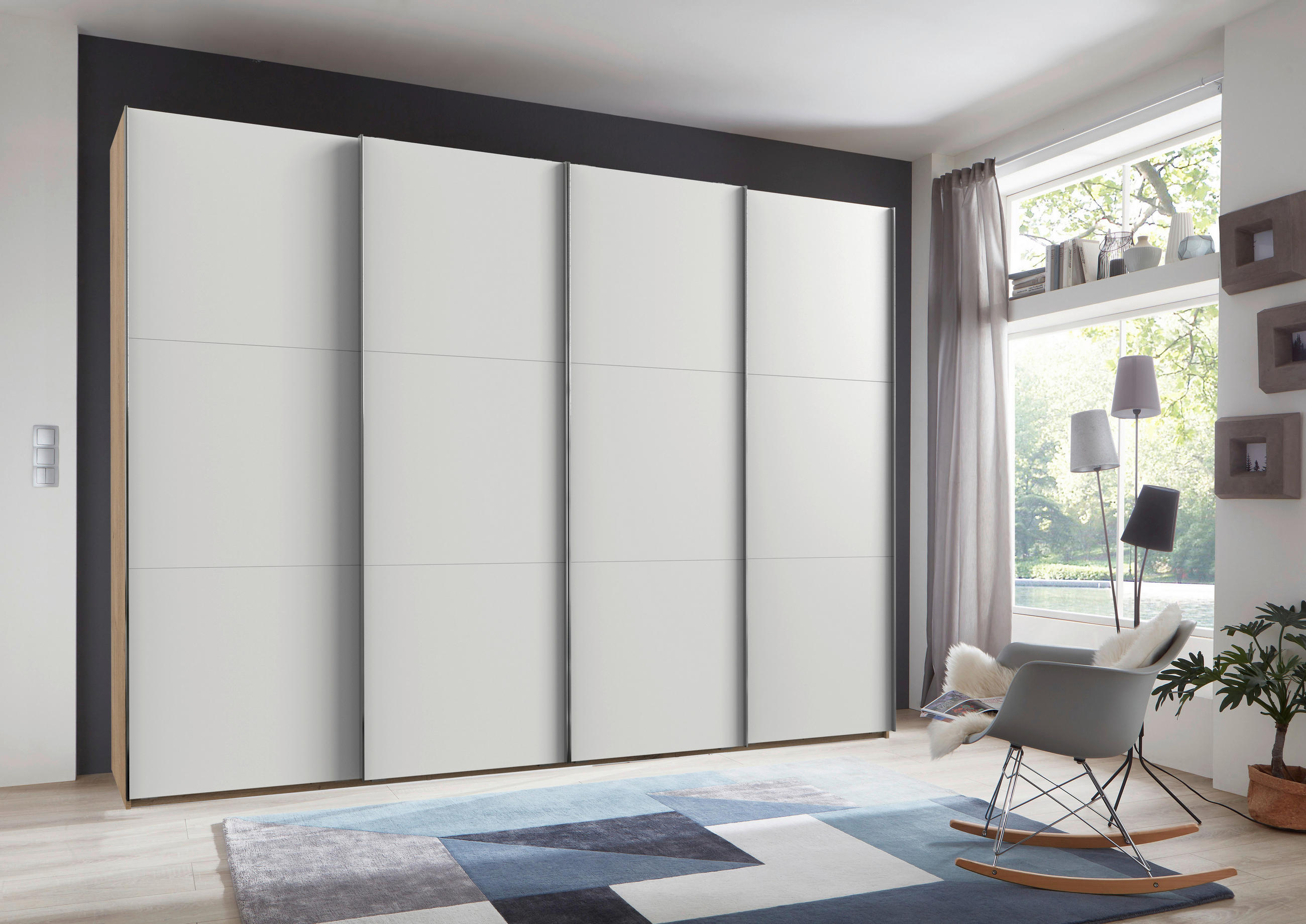SCHWEBETÜRENSCHRANK 300/216,5/65 cm 4-türig Weiß, Eichefarben  - Chromfarben/Eichefarben, MODERN, Holzwerkstoff (300/216,5/65cm) - MID.YOU