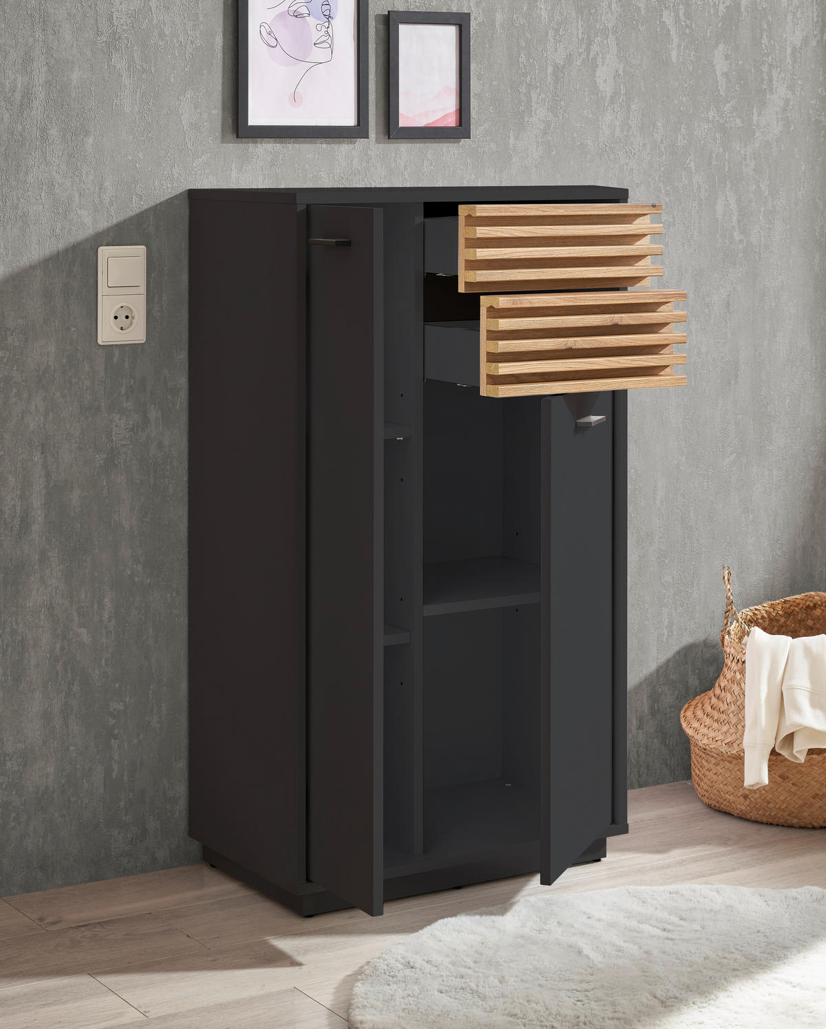 MIDISCHRANK 60/106/35 cm  - Eichefarben/Anthrazit, KONVENTIONELL, Holzwerkstoff/Kunststoff (60/106/35cm) - home24