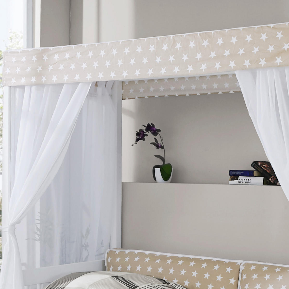 HIMMELBETT 90/200 cm  in Weiß, Beige  - Beige/Weiß, MODERN, Holz (90/200cm) - MID.YOU