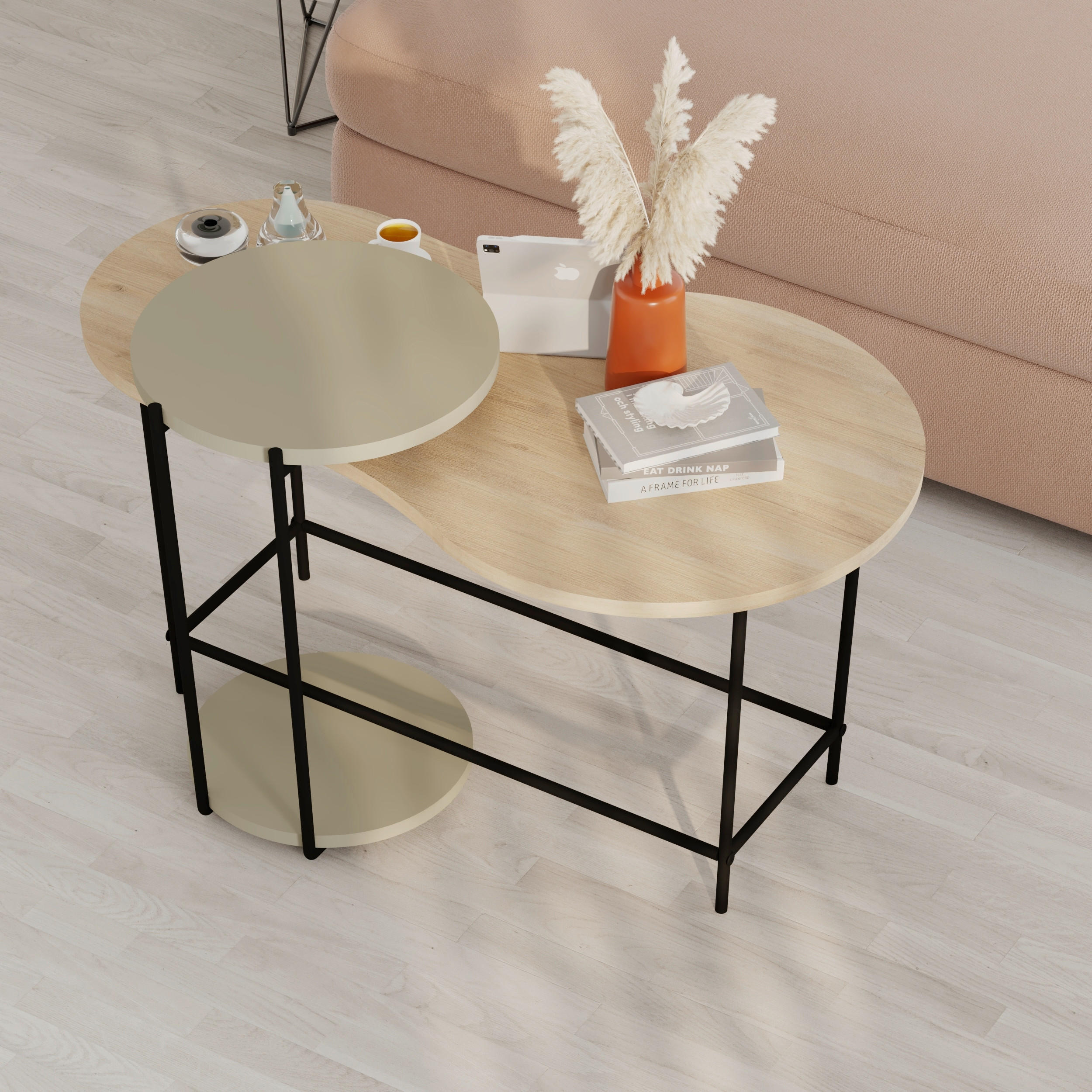 COUCHTISCH 102/58/47 cm rund Eichefarben, Hellgrün  - Eichefarben/Hellgrün, Design, Holzwerkstoff/Metall (102/58/47cm) - Livetastic