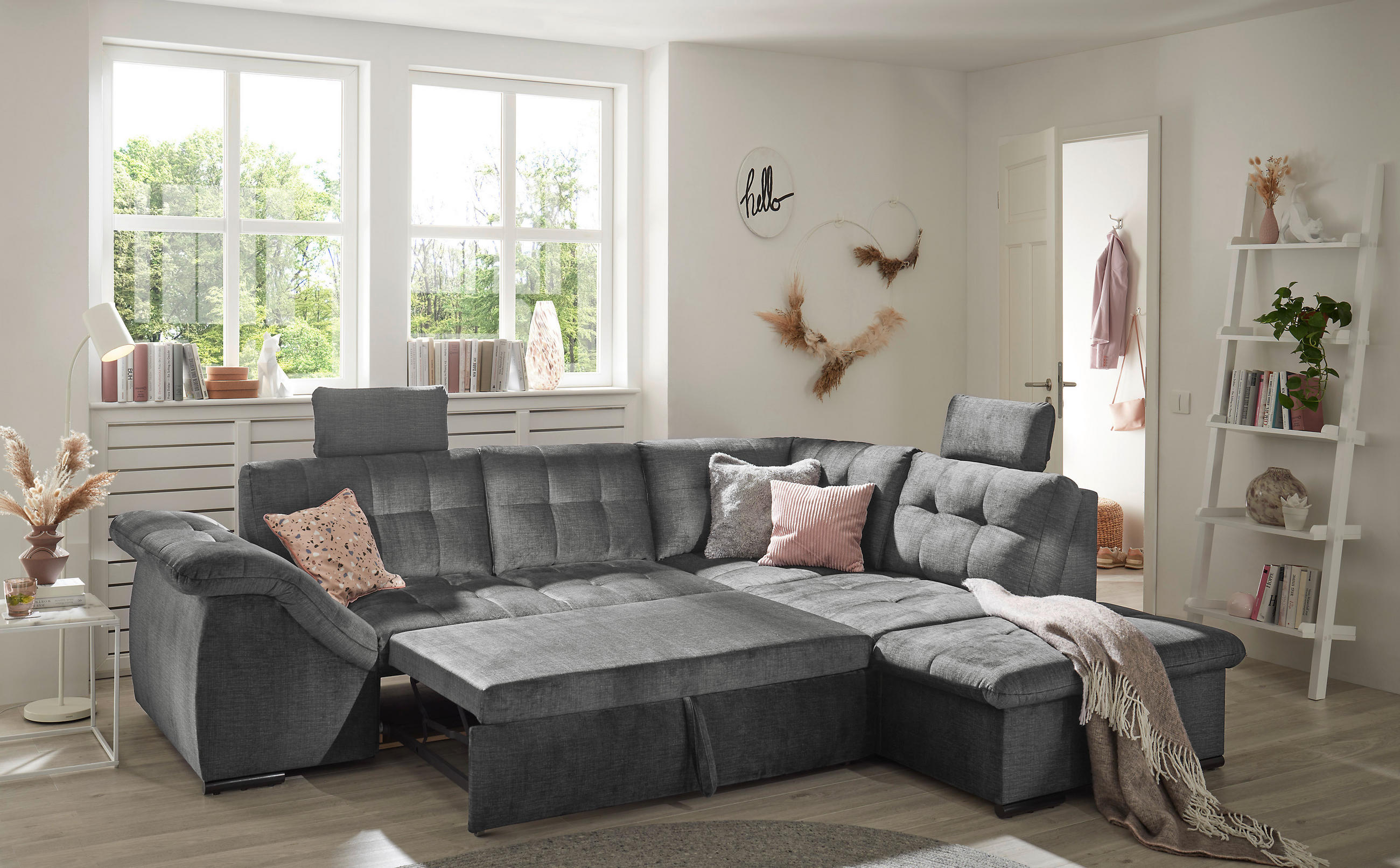 ECKSOFA in Mikrovelours Grau  - Schwarz/Grau, Konventionell, Kunststoff/Textil (283/217cm) - MID.YOU