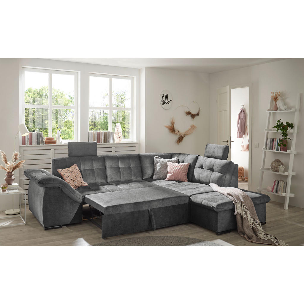 Thumbnail - Mid.you Ecksofa, Grau, Textil, 3-Sitzer, Ottomane rechts, L-Form, 283x217 cm, Made in EU, Schlafen auf Sitzhöhe, Rücken ...