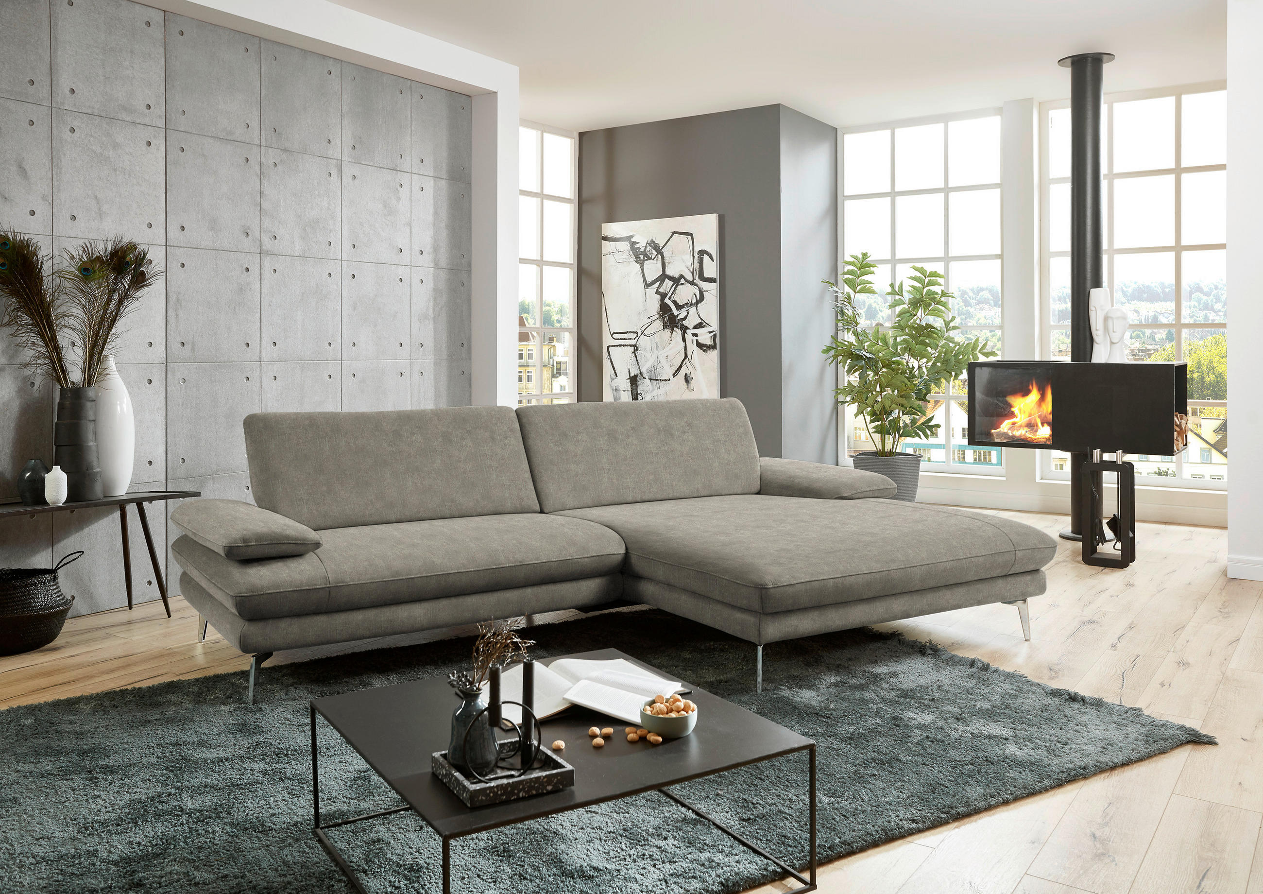 ECKSOFA in Velours Grau  - Schwarz/Grau, Design, Textil/Metall (284/184cm) - Dieter Knoll