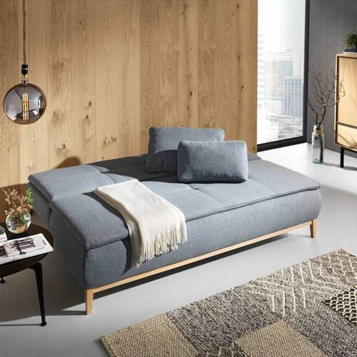 BOXSPRINGSOFA  mit Stoffauswahl, Schlafen auf Sitzhöhe Flachgewebe Grau  - Eichefarben/Beige, Design, Holz/Textil (202/78/93/100cm) - Carryhome