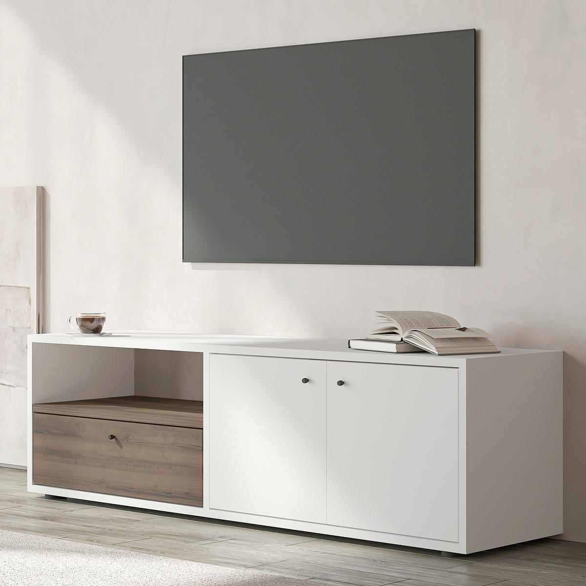 TV-BÄNK 35/42/136 cm  - vit/svart, Design, trämaterial (35/42/136cm) - Livetastic