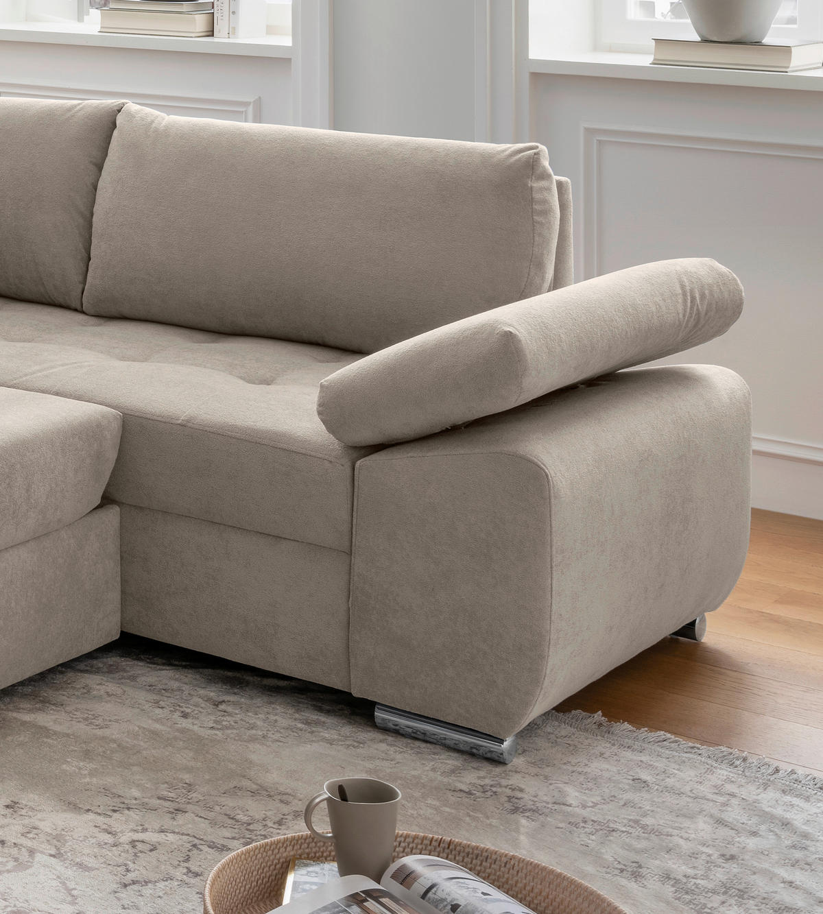 WOHNLANDSCHAFT in Mikrofaser Taupe  - Taupe/Chromfarben, KONVENTIONELL, Textil/Metall (157/305/219cm) - Livetastic