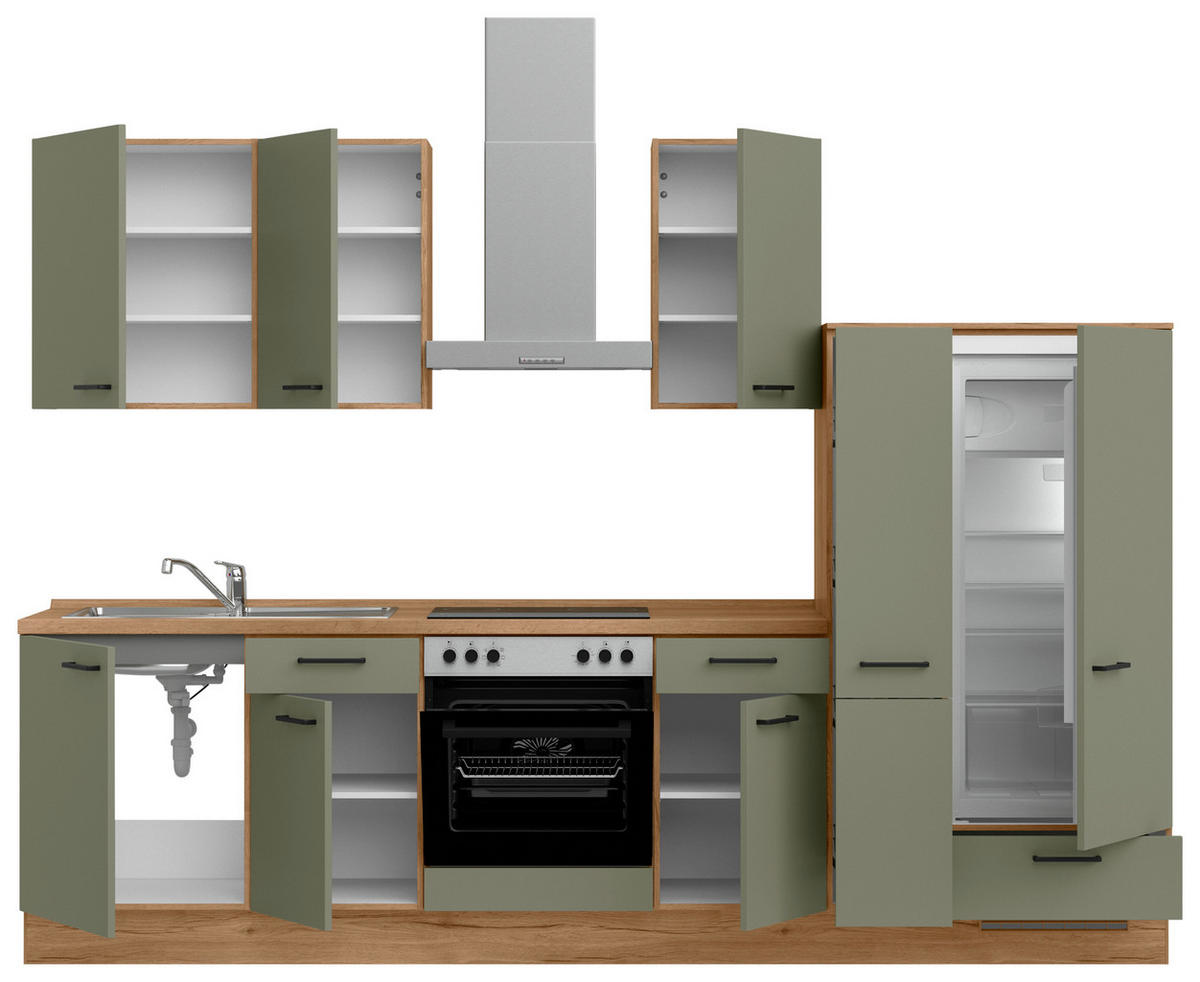 KÜCHENLEERBLOCK Senso 300 cm  in Eichefarben, Olivgrün  - Eichefarben/Schwarz, MODERN, Holzwerkstoff/Metall (300cm) - Nobilia