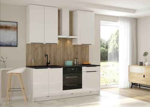 BUCĂTĂRIE FĂRĂ ELECTROCASNICE - alb/alb lucios intens, Design, metal/material pe bază de lemn (204cm) - Carryhome