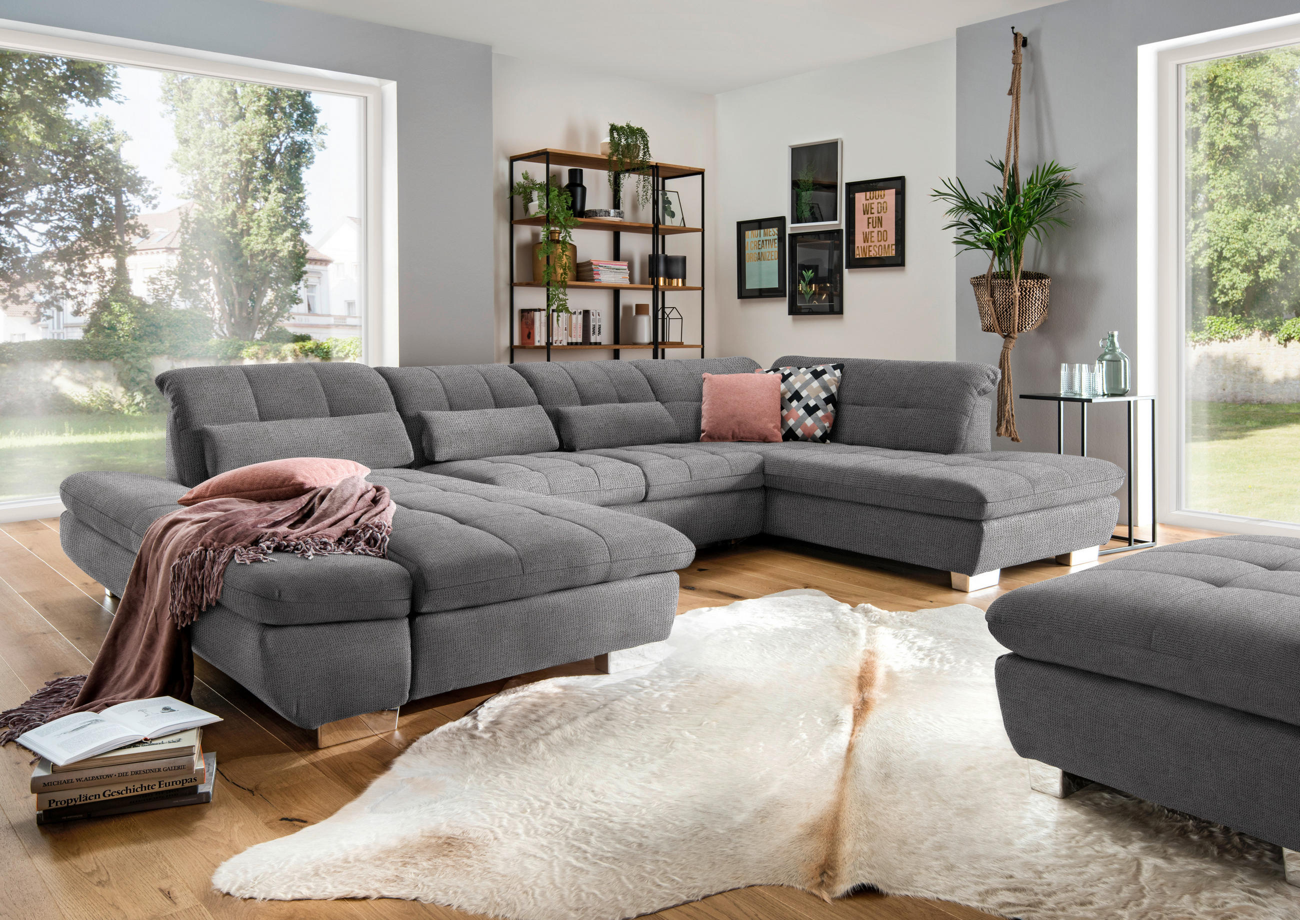 WOHNLANDSCHAFT in Mikrofaser Grau  - Chromfarben/Grau, Design, Kunststoff/Textil (204/350/211cm) - Xora