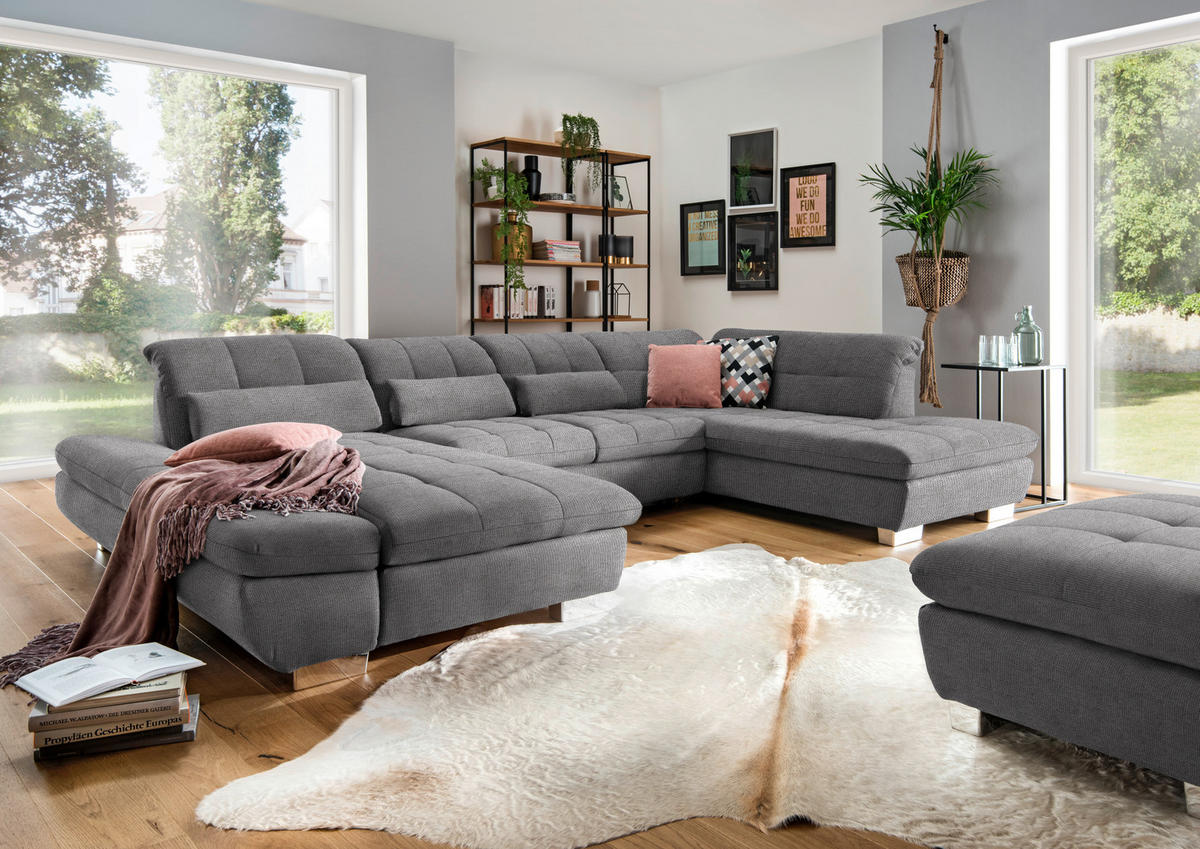WOHNLANDSCHAFT in Mikrofaser Grau  - Chromfarben/Grau, Design, Kunststoff/Textil (204/350/211cm) - Xora