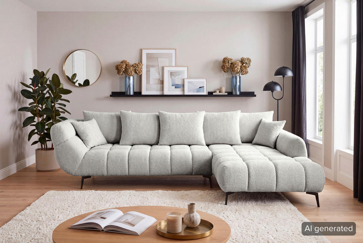 ECKSOFA 318/217 cm  in Bouclé Elfenbein Zierkissen, Rückenkissen, Rücken echt  318/217 cm  - Elfenbein/Schwarz, MODERN, Textil/Metall (318/217cm) - Carryhome