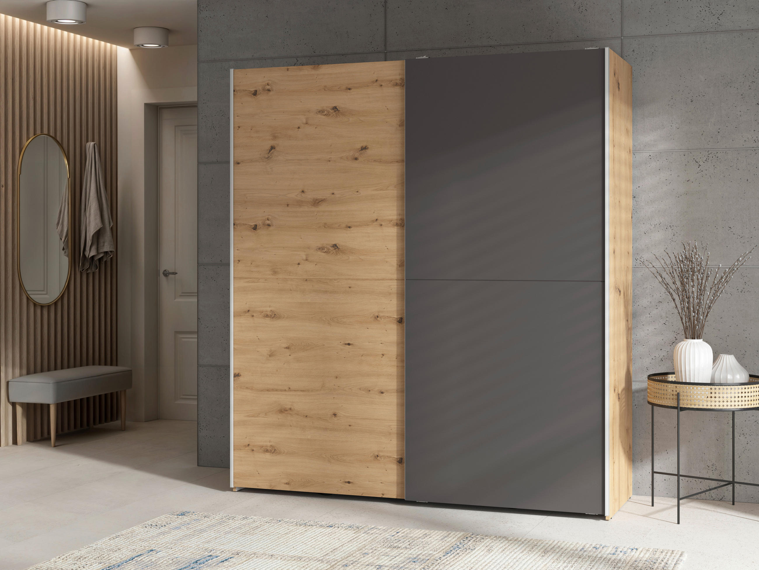 SCHWEBETÜRENSCHRANK 170/191/59 cm 2-türig Eichefarben, Eiche Artisan, Weiß  - Eichefarben/Silberfarben, Basics, Holzwerkstoff/Kunststoff (170/191/59cm) - Boxxx