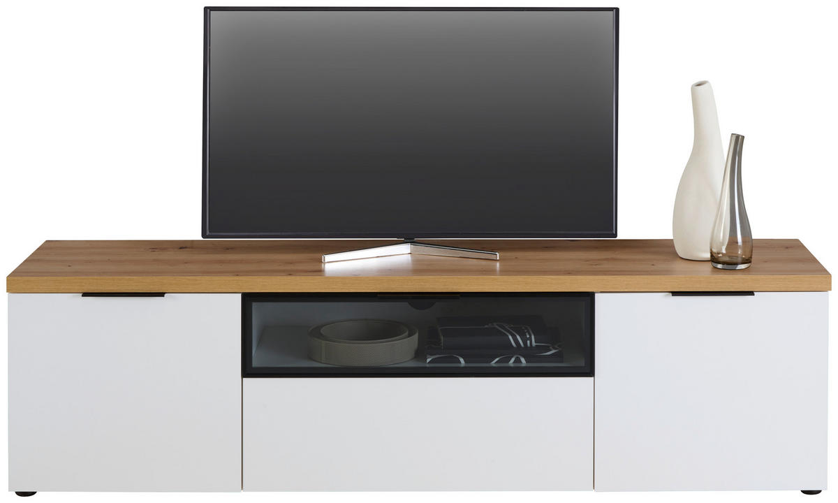 LOWBOARD  in 180/50/43 cm  - Weiss/Eichefarben, Design, Glas/Holzwerkstoff (180/50/43cm) - Stylife