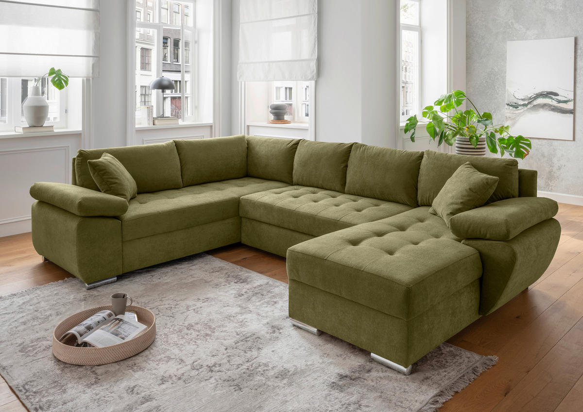 Wohnlandschaft in Mikrofaser Grün  - Chromfarben/Grün, Konventionell, Textil/Metall (219/305/157cm) - Livetastic