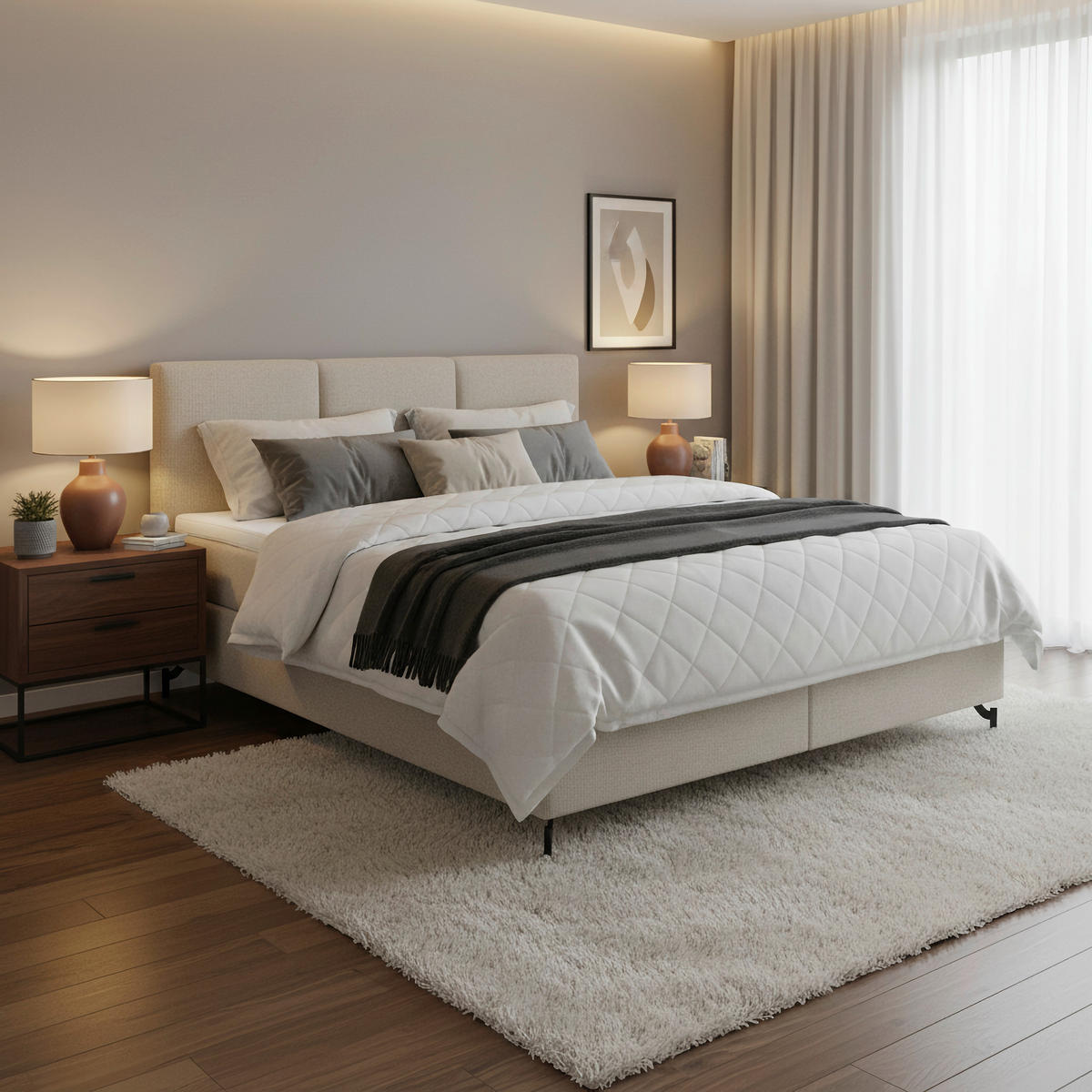 KONTINENTALSÄNG 180/200 cm  i beige  - beige/svart, Klassisk, metall/textil (180/200cm) - Novel
