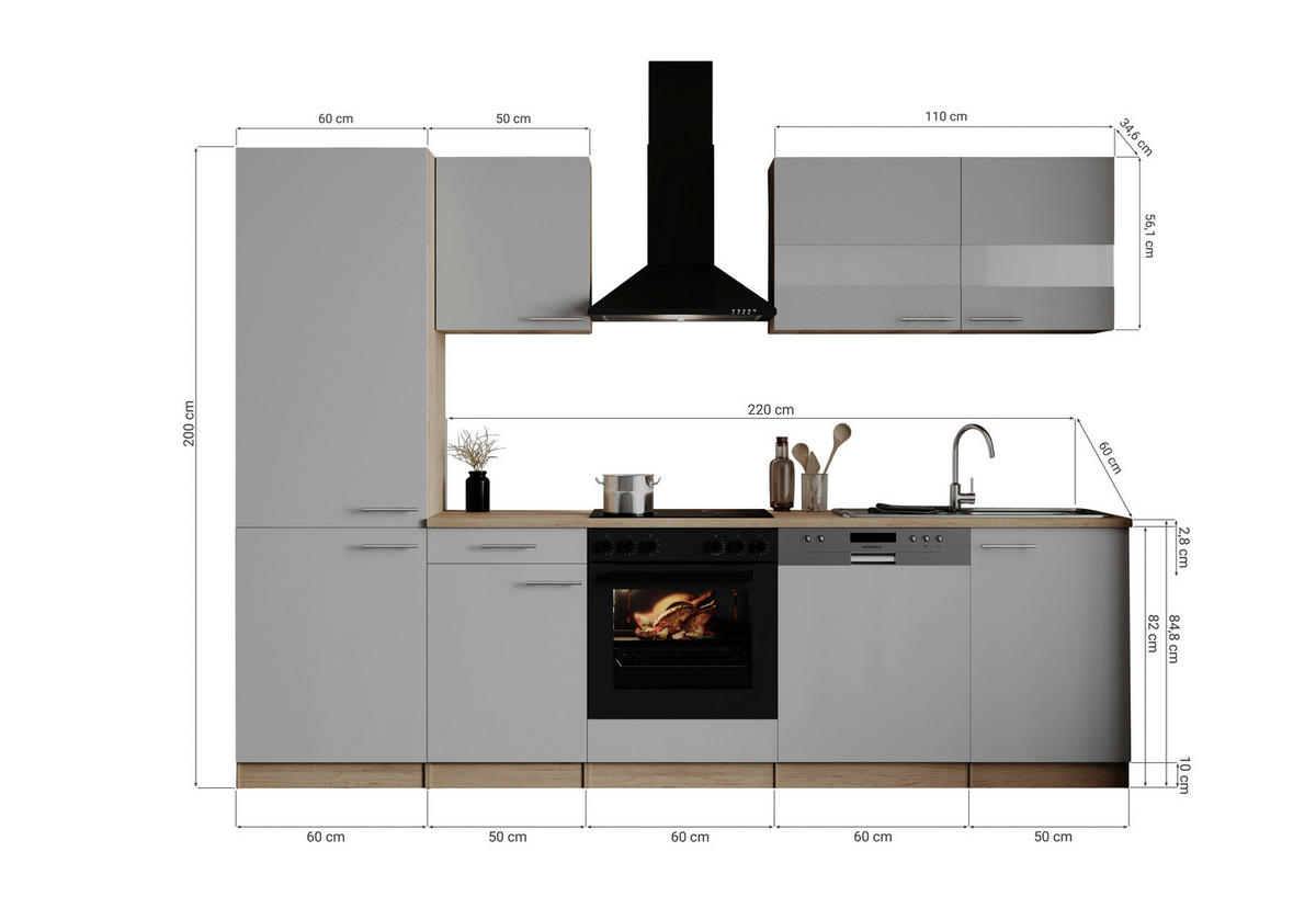 MODULKÖK 280 cm   i grå  - stålfärgad/grå, Basics, metall/trämaterial (280cm) - Respekta