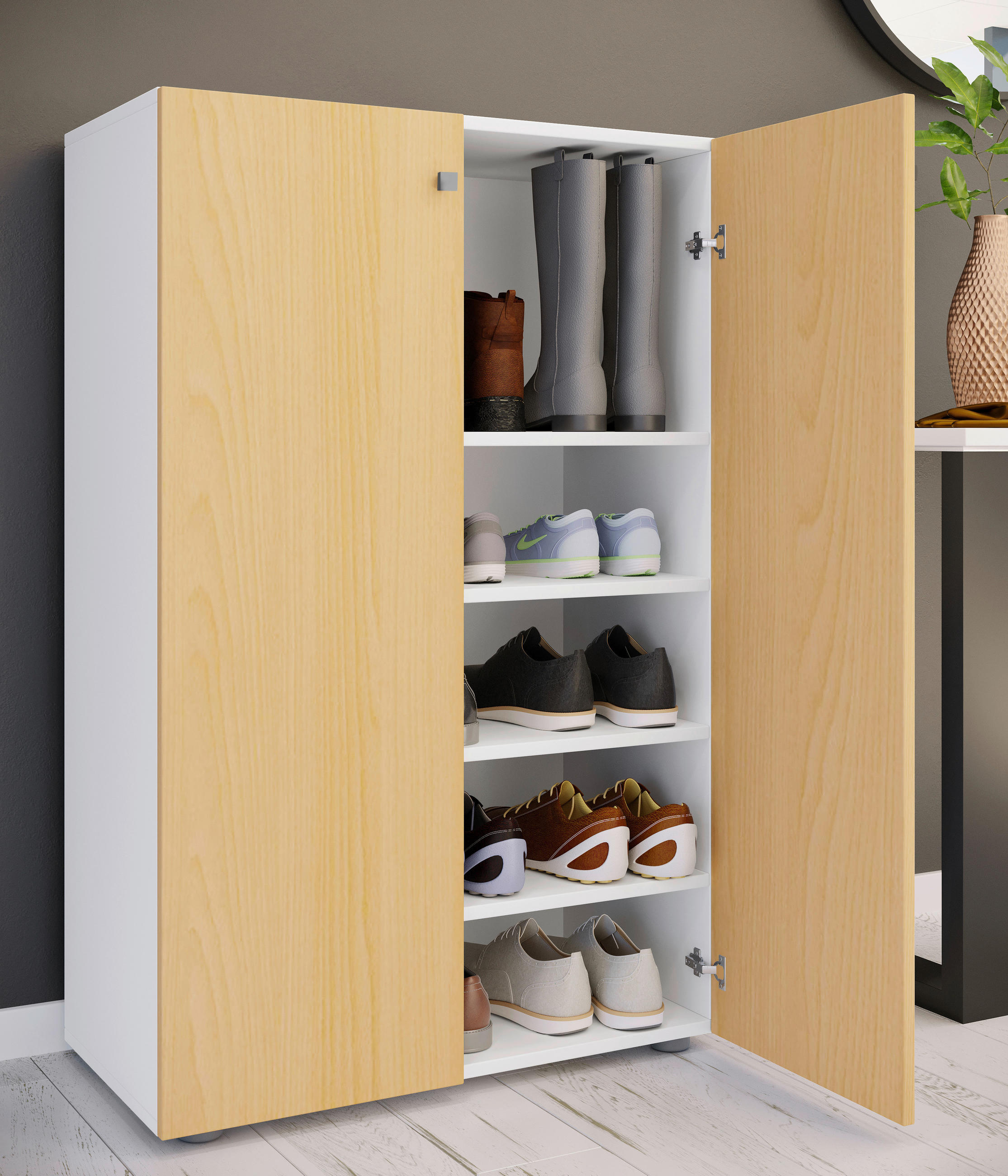 SCHUHSCHRANK Weiß, Buchefarben  - Silberfarben/Buchefarben, Design, Holzwerkstoff/Kunststoff (70/110/39cm) - MID.YOU