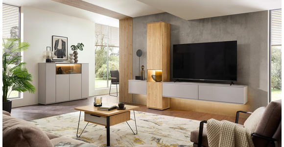 WOHNWAND  in Grau, Eichefarben  285/215/40 cm  - Eichefarben/Schwarz, KONVENTIONELL, Glas/Holzwerkstoff (285/215/40cm) - Venda