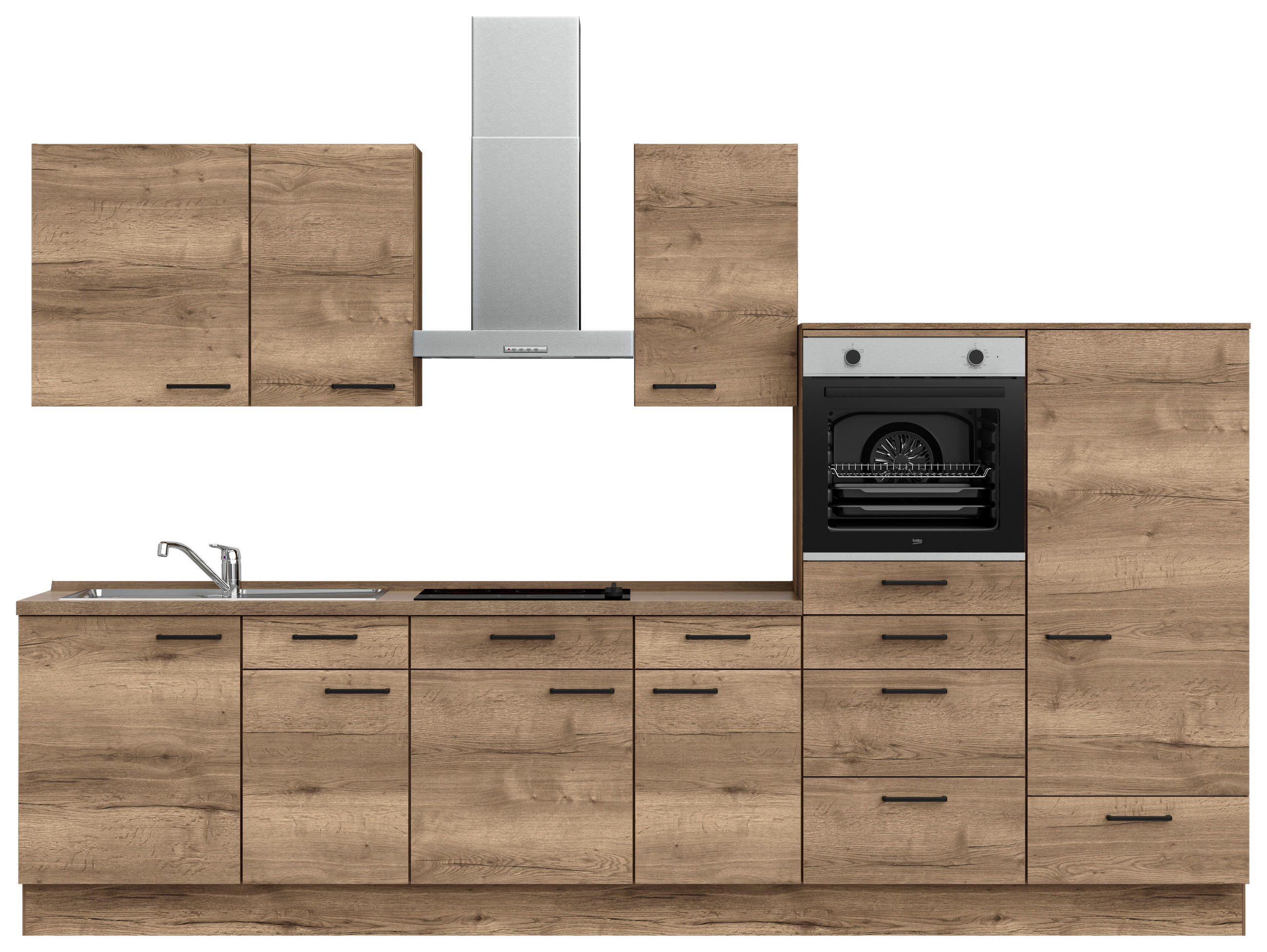 KÜCHENBLOCK 330 cm   in Eiche dunkel  - Eiche dunkel/Eichefarben, MODERN, Holzwerkstoff/Metall (330cm) - Nobilia