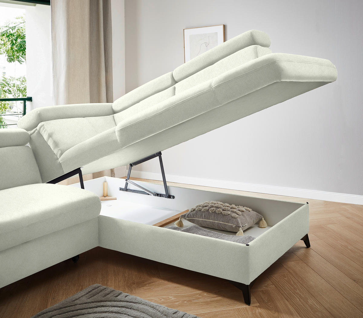 ECKSOFA in Teddystoff Weiß  - Schwarz/Weiß, Design, Textil/Metall (260/203cm) - Stylife
