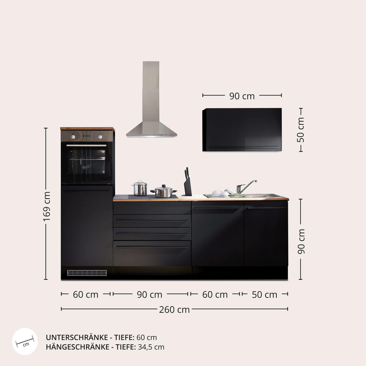 KÜCHENLEERBLOCK 260 cm   in Schwarz  - Eichefarben/Schwarz, KONVENTIONELL, Holzwerkstoff/Kunststoff (260cm) - MID.YOU