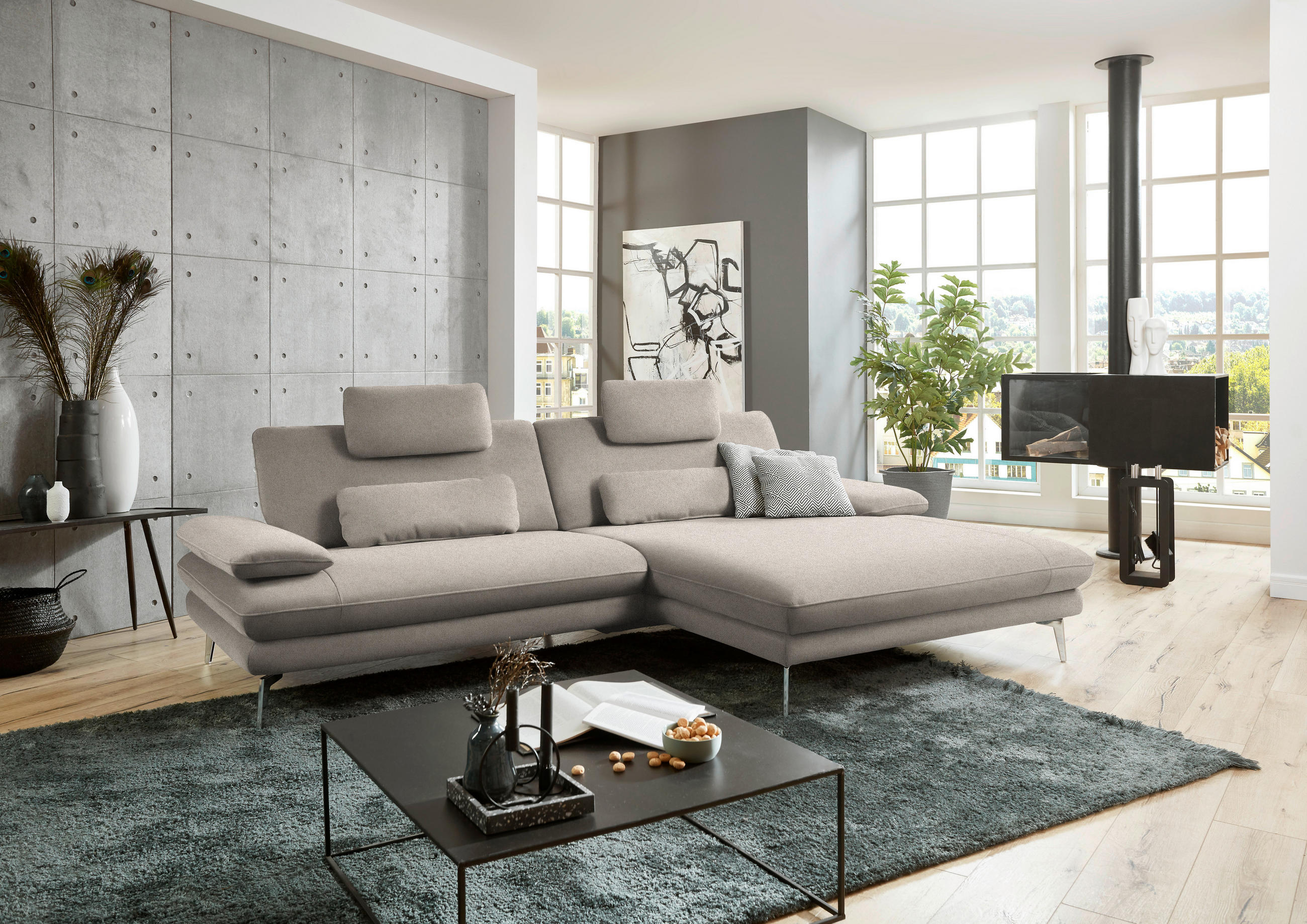 ECKSOFA in Webstoff Hellbraun  - Hellbraun/Schwarz, Design, Textil/Metall (284/184cm) - Dieter Knoll