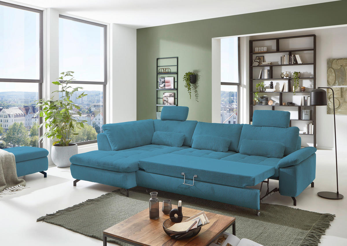 ECKSOFA in Cord, Velours Petrol  - Petrol/Schwarz, Design, Textil/Metall (197/291cm) - Beldomo Style