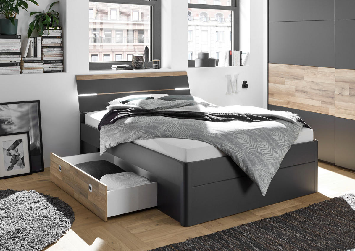 STAURAUMBETT 180/200 cm,  in Eichefarben, Graphitfarben,  - Eichefarben/Schwarz, KONVENTIONELL, Holzwerkstoff/Kunststoff (180/200cm) - MID.YOU