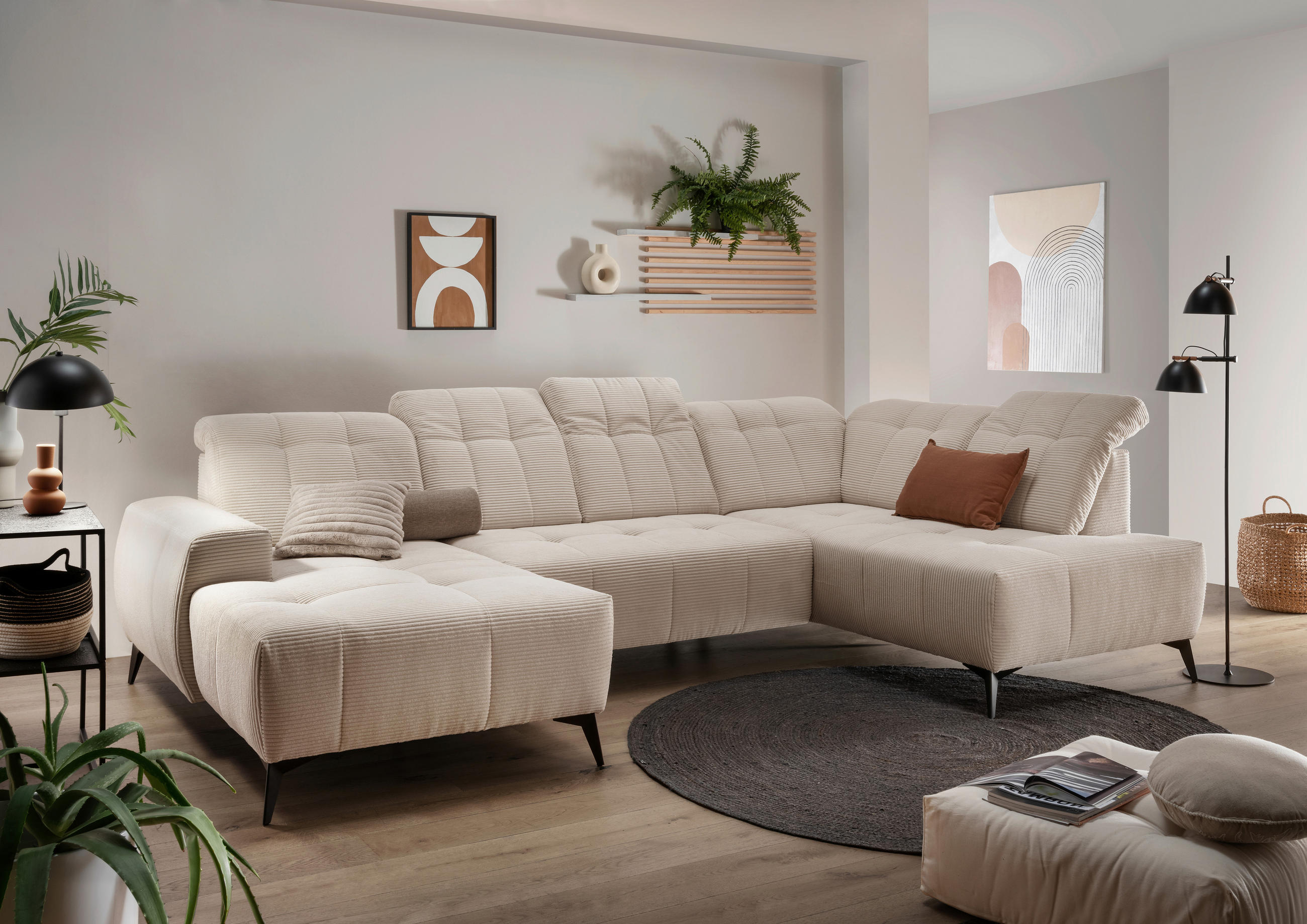 WOHNLANDSCHAFT SANO Beige Cord  - Beige/Schwarz, MODERN, Textil/Metall (180/337/200cm) - Livetastic