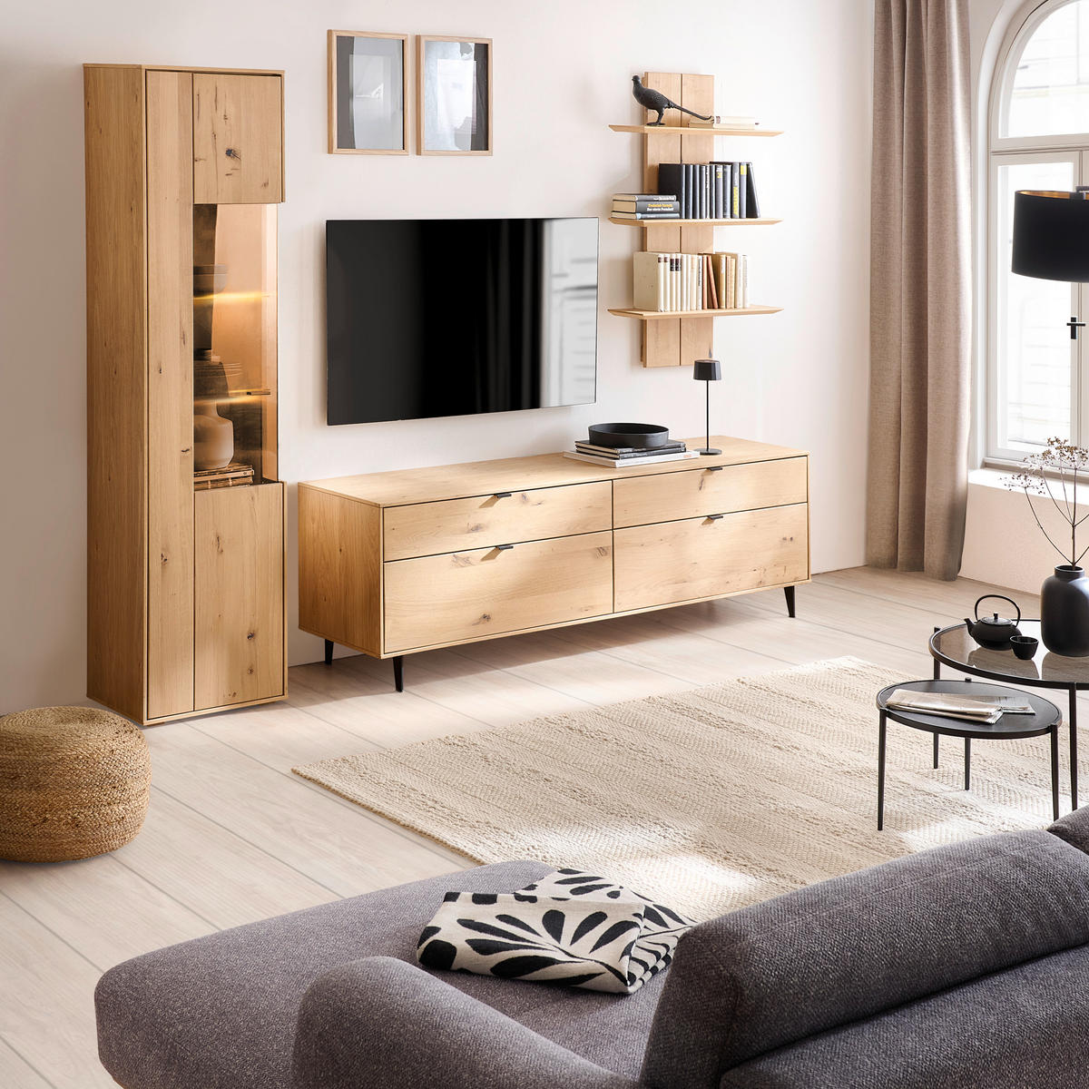 WOHNWAND  in Eichefarben 267/205/50 cm  - Eichefarben/Schwarz, Natur, Glas/Holz (267/205/50cm) - Cantus