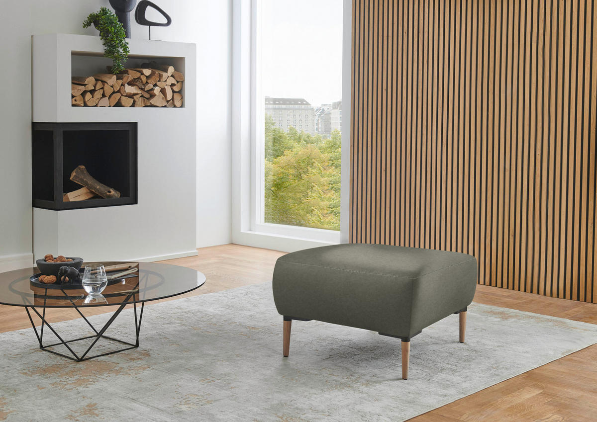 HOCKER in Leder Grau  - Beige/Schwarz, Natur, Leder/Holz (65/46/55cm) - Valnatura