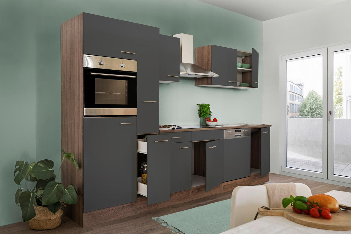 KÜCHENBLOCK 310 cm   in Grau, Eichefarben  - Edelstahlfarben/Eichefarben, Design, Holzwerkstoff (310cm) - Respekta