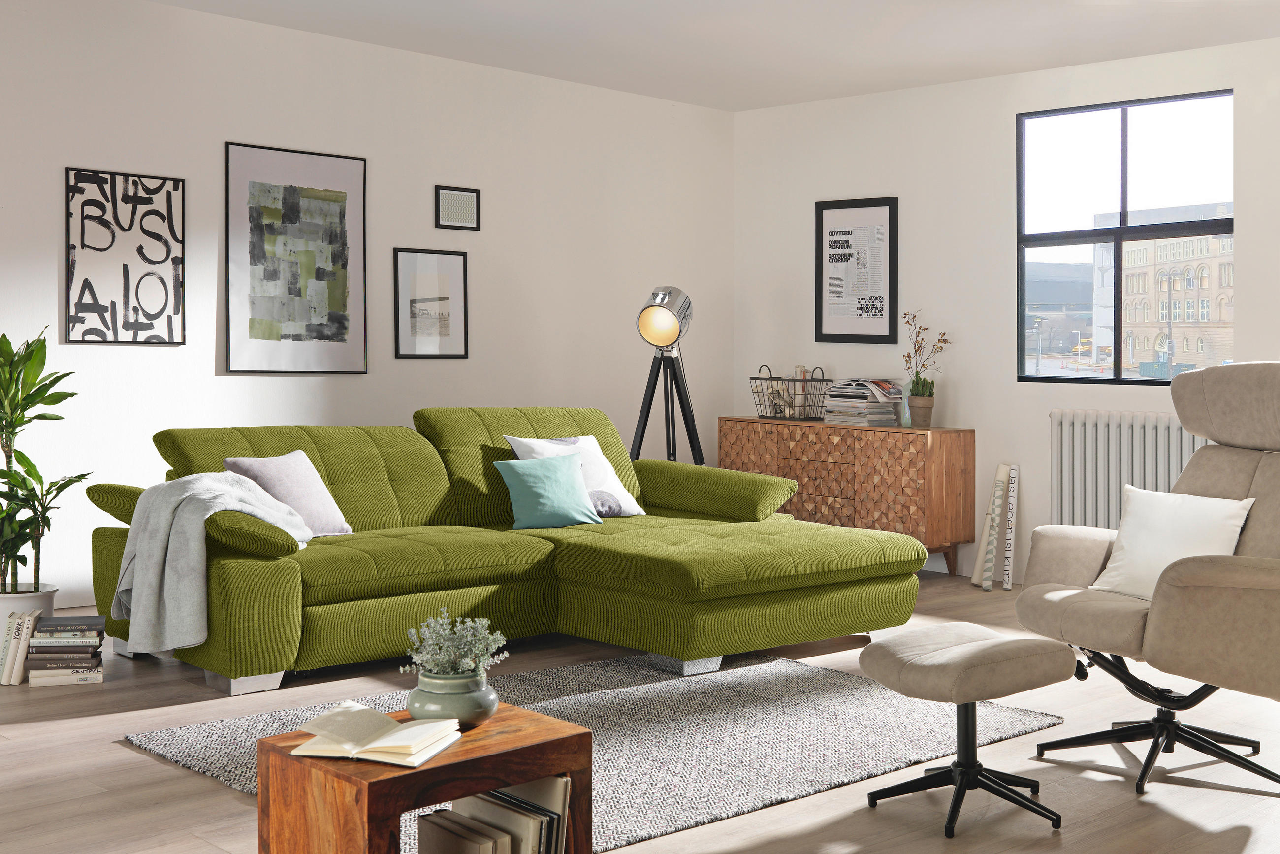 ECKSOFA in Mikrofaser Hellgrün  265/180 cm  - Chromfarben/Hellgrün, Design, Textil/Metall (265/180cm) - Carryhome