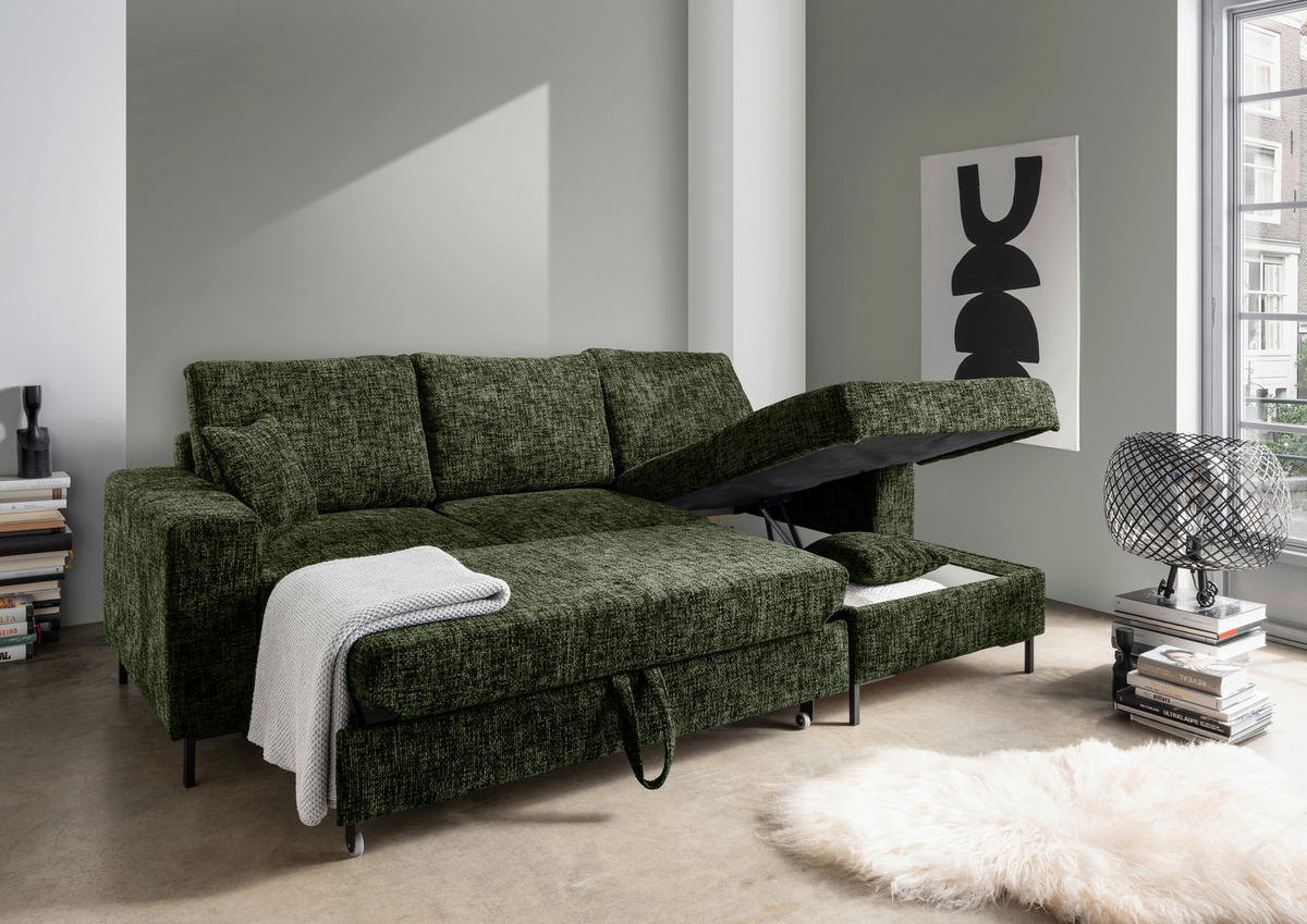 ECKSCHLAFSOFA  mit Rücken echt Struktur Dunkelgrün  - Dunkelgrün/Schwarz, KONVENTIONELL, Textil/Metall (237/143cm) - Livetastic