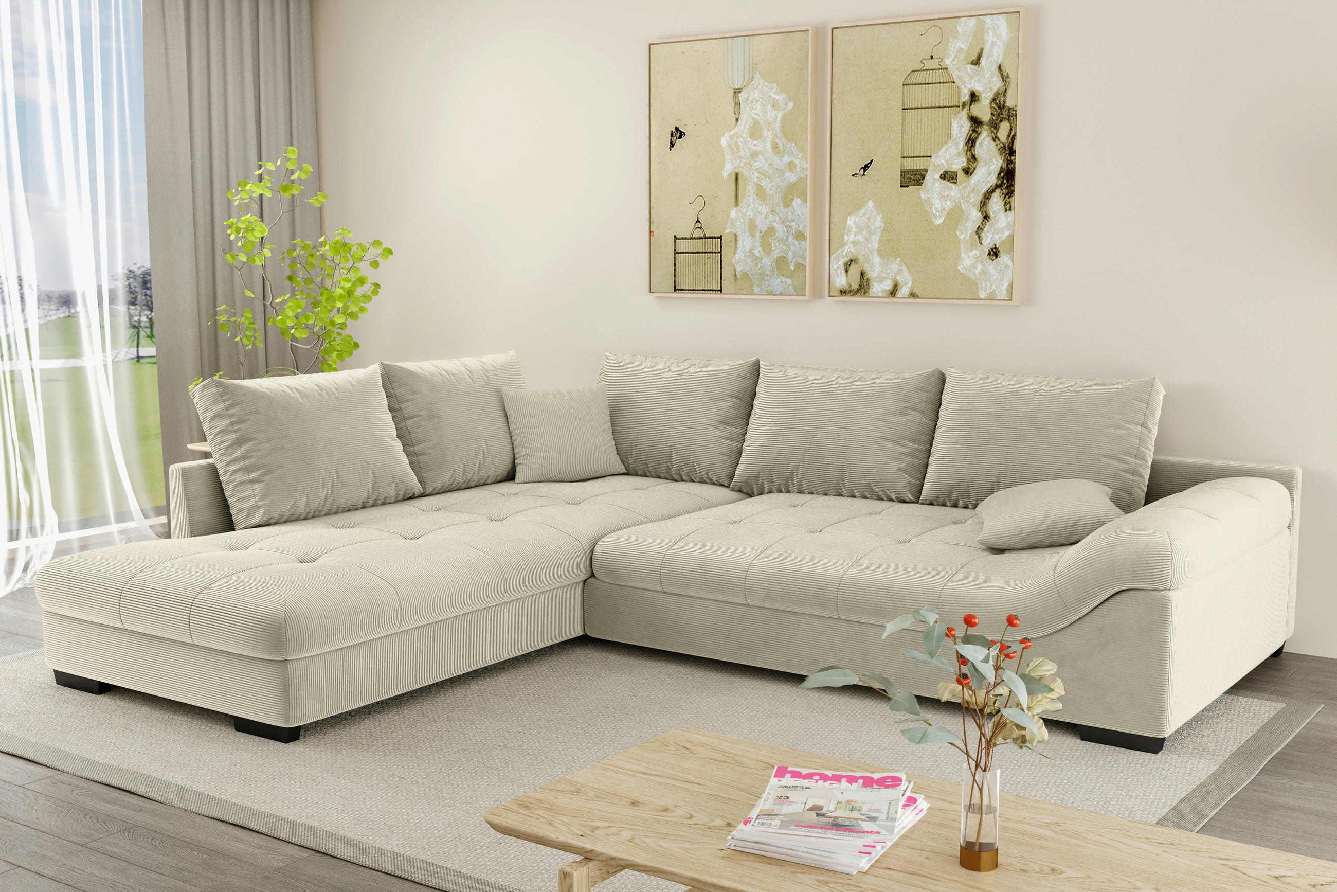 ECKSOFA Naturfarben Cord  - Schwarz/Naturfarben, KONVENTIONELL, Holz/Textil (202/298cm) - Carryhome