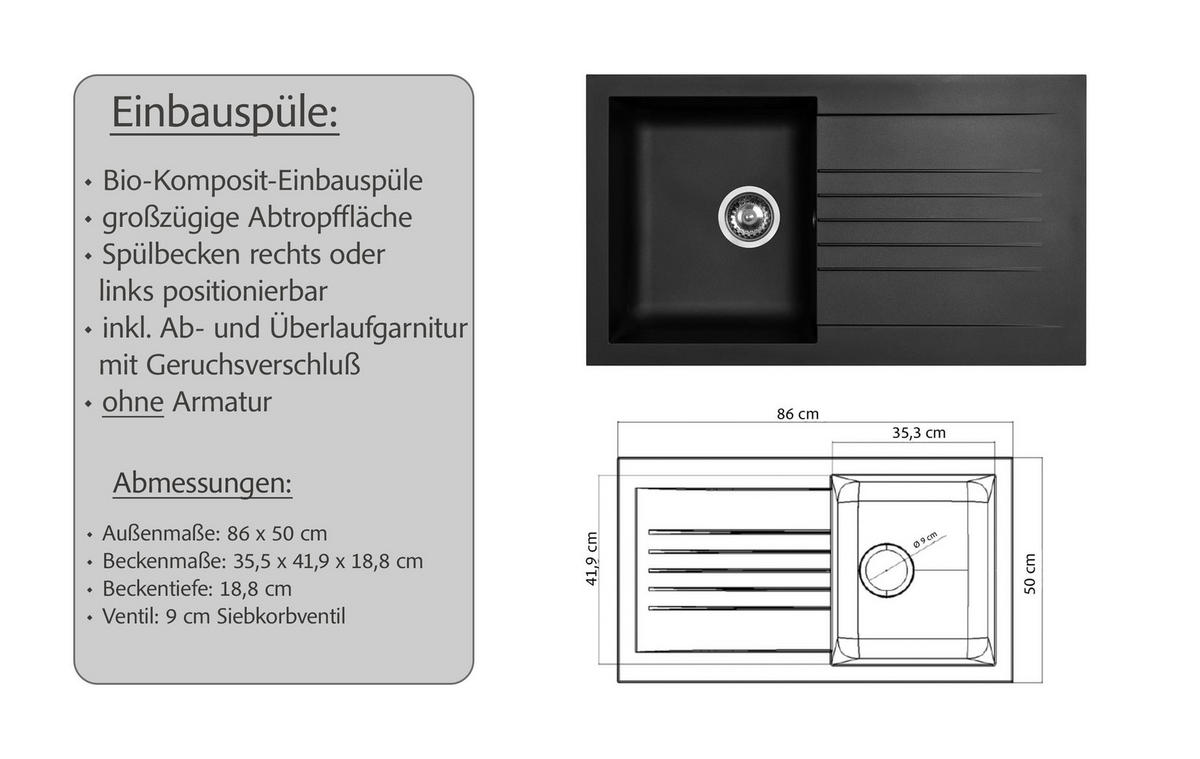 KÜCHENBLOCK 300 cm   in Graphitfarben, Eichefarben  - Eichefarben/Schwarz, Lifestyle, Holzwerkstoff/Metall (300cm) - Held
