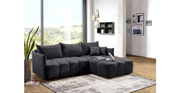 ECKSOFA Anthrazit Plüsch Zierkissen, Rückenkissen, Bettkasten, Schlaffunktion, Rücken echt, Liegefläche im Originalstoff  - Anthrazit/Schwarz, KONVENTIONELL, Kunststoff/Textil (253/192cm) - Carryhome