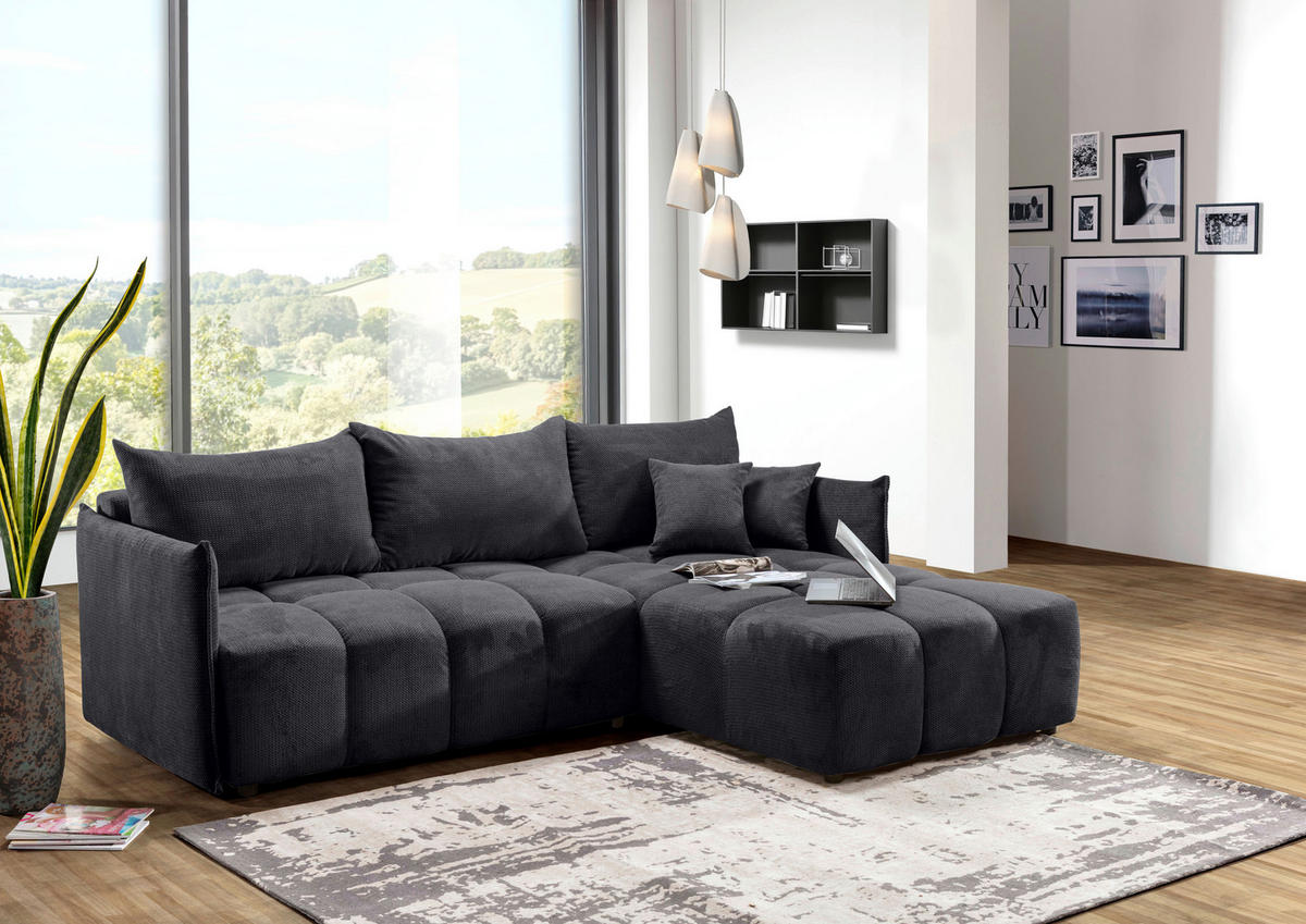 ECKSOFA Anthrazit Plüsch Zierkissen, Rückenkissen, Bettkasten, Schlaffunktion, Rücken echt, Liegefläche im Originalstoff  - Anthrazit/Schwarz, KONVENTIONELL, Kunststoff/Textil (253/192cm) - Carryhome