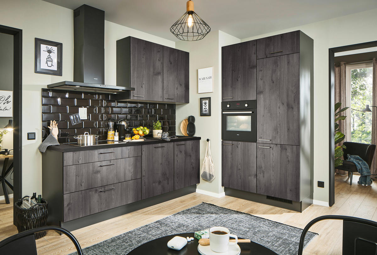 ECKKÜCHE 220/120 cm  in Graphitfarben, Schwarz, Eiche dunkel  - Eiche dunkel/Chromfarben, Design, Holzwerkstoff/Metall (220/120cm) - Xora