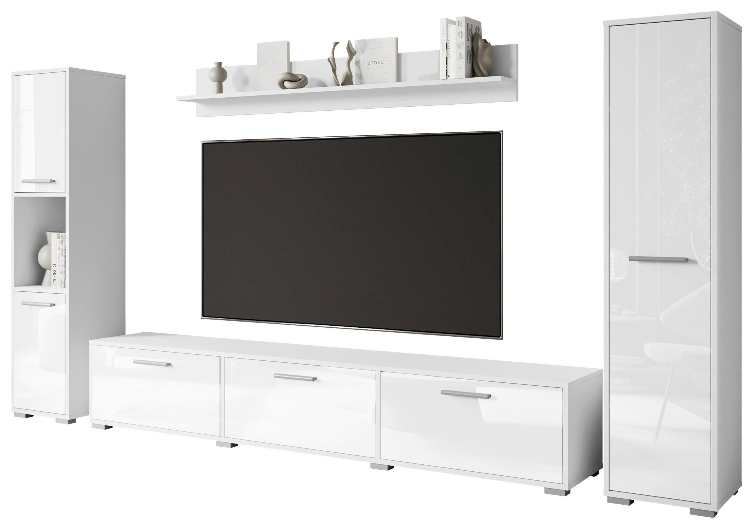 HYLLKOMBINATION 4 delar  i vit, vit högglans  240/130/31 cm  - vit/vit högglans, Basics, trämaterial/plast (240/130/31cm) - MID.YOU
