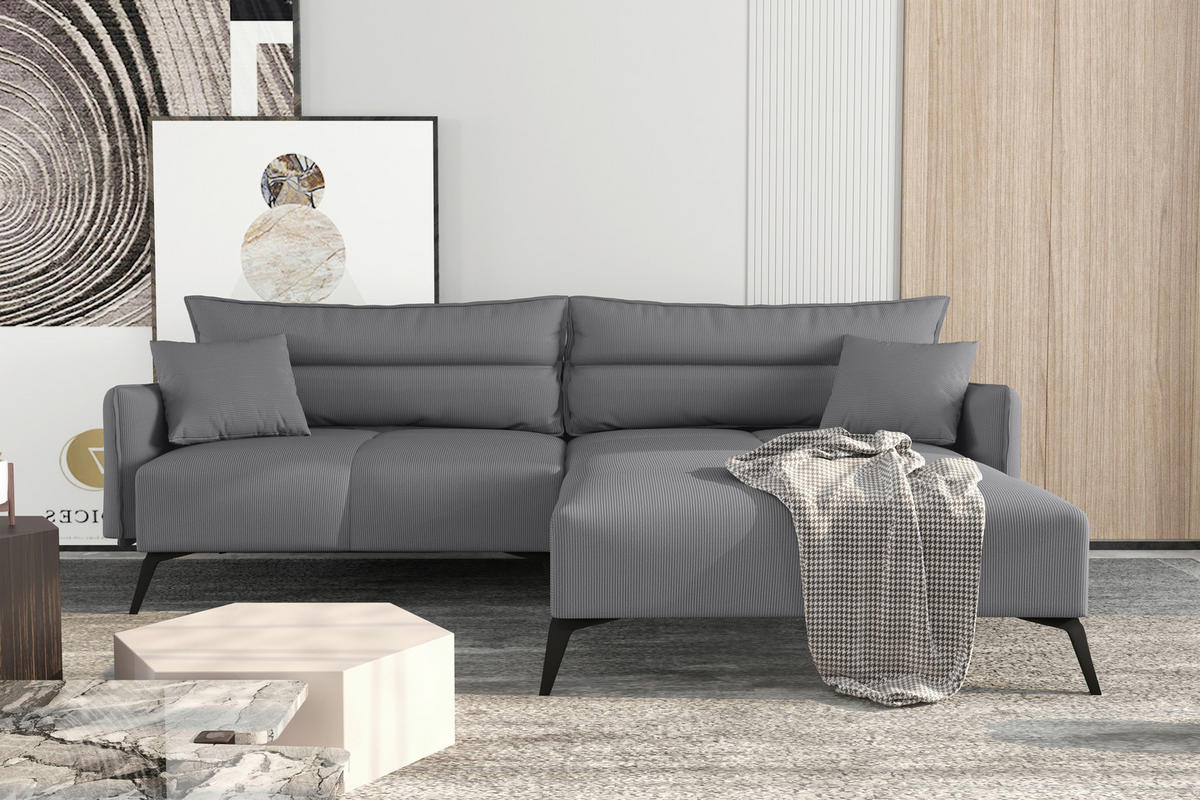 ECKSOFA in Cord Grau  253/180 cm  - Schwarz/Grau, KONVENTIONELL, Textil/Metall (253/180cm) - Carryhome