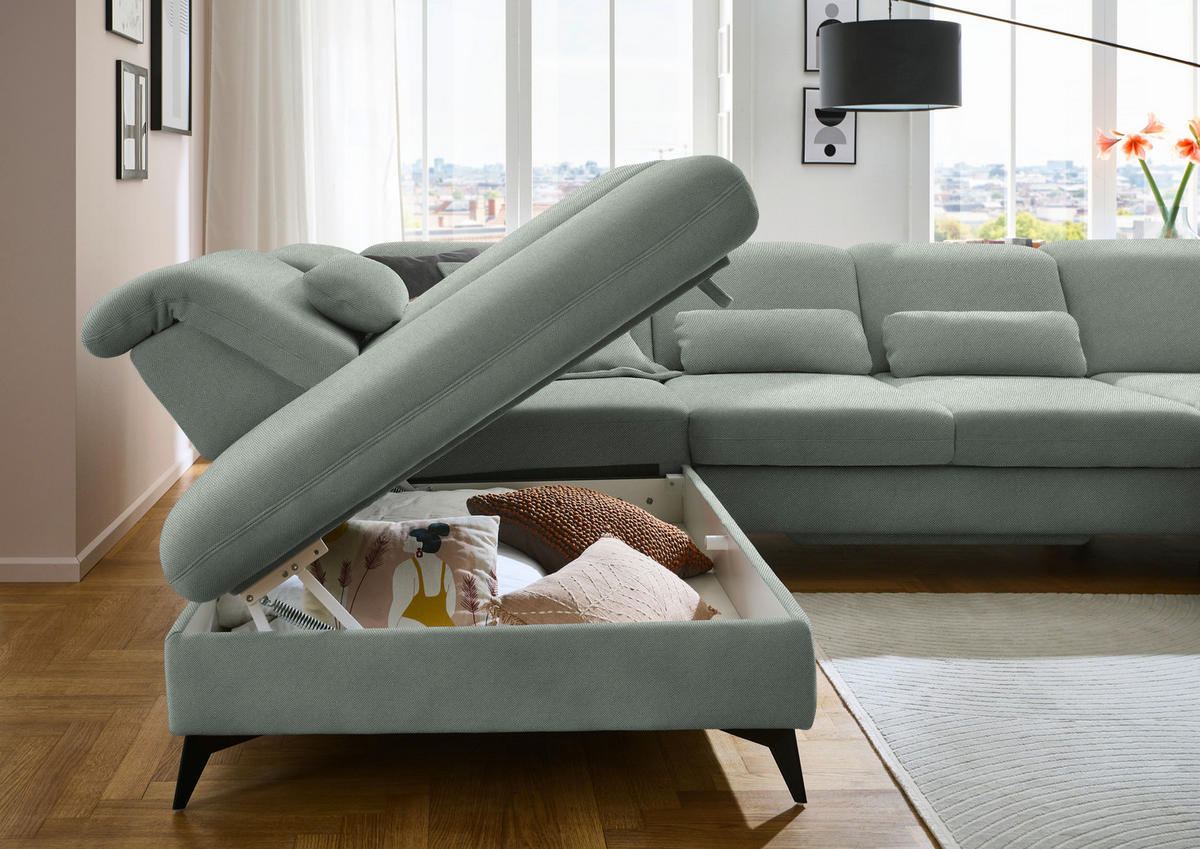 WOHNLANDSCHAFT Chenille Hellgrau  - Hellgrau/Schwarz, Design, Textil/Metall (255/369/198cm) - Beldomo Style