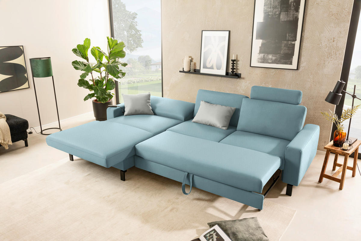 ECKSOFA  in Cord Hellblau Rücken echt, Sitztiefenverstellung  185/298 cm  - Schwarz/Hellblau, Design, Textil/Metall (185/298cm) - Pure Home Lifestyle
