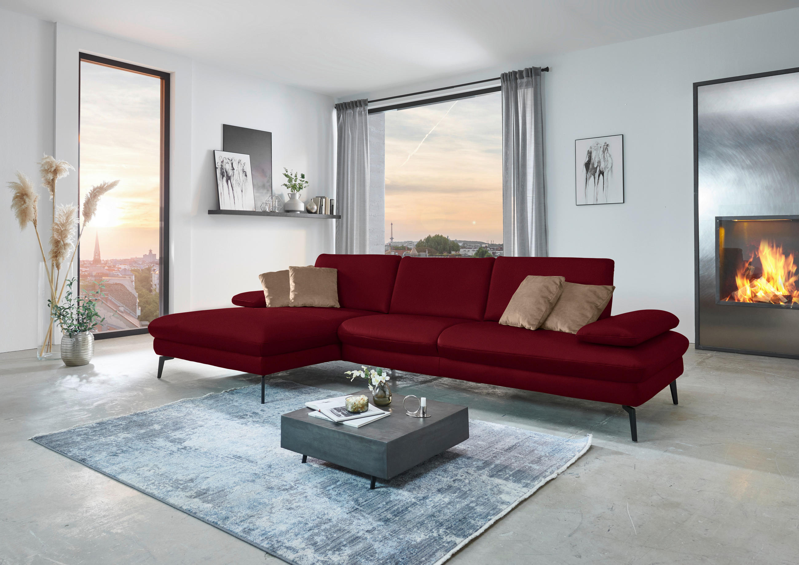 ECKSOFA in Echtleder Dunkelrot  - Schwarz/Dunkelrot, Design, Leder/Metall (157/325cm) - Dieter Knoll