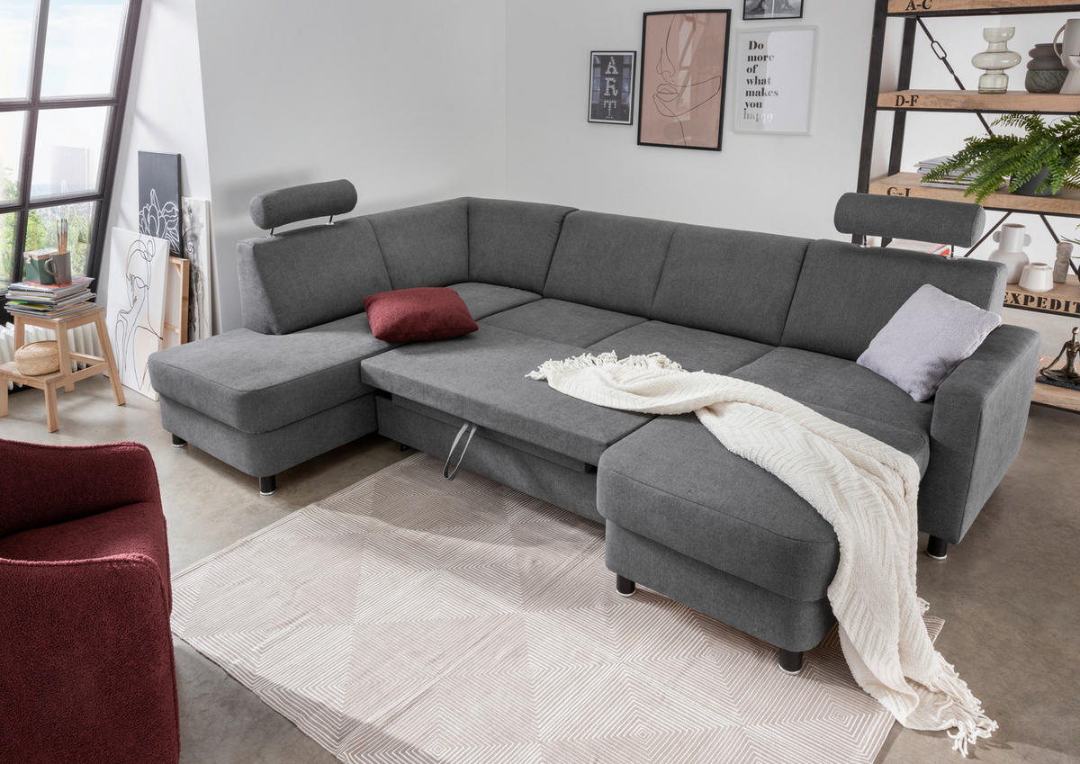 WOHNLANDSCHAFT in Webstoff Dunkelgrau  - Dunkelgrau/Schwarz, Design, Holz/Textil (165/296/198cm) - Xora