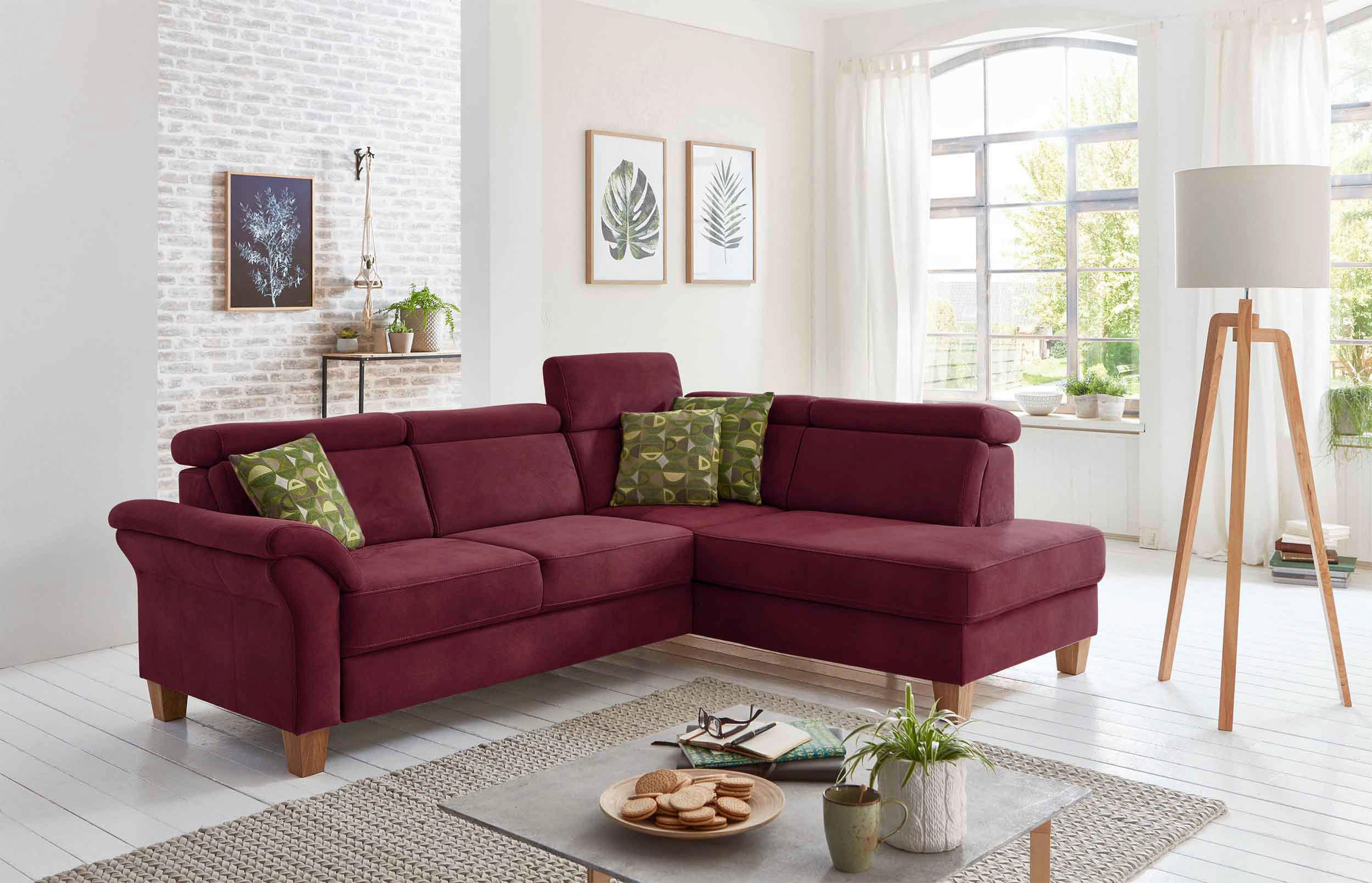 ECKSOFA Bordeaux Mikrofaser  - Eichefarben/Bordeaux, KONVENTIONELL, Holz/Textil (245/194cm) - Sit & More